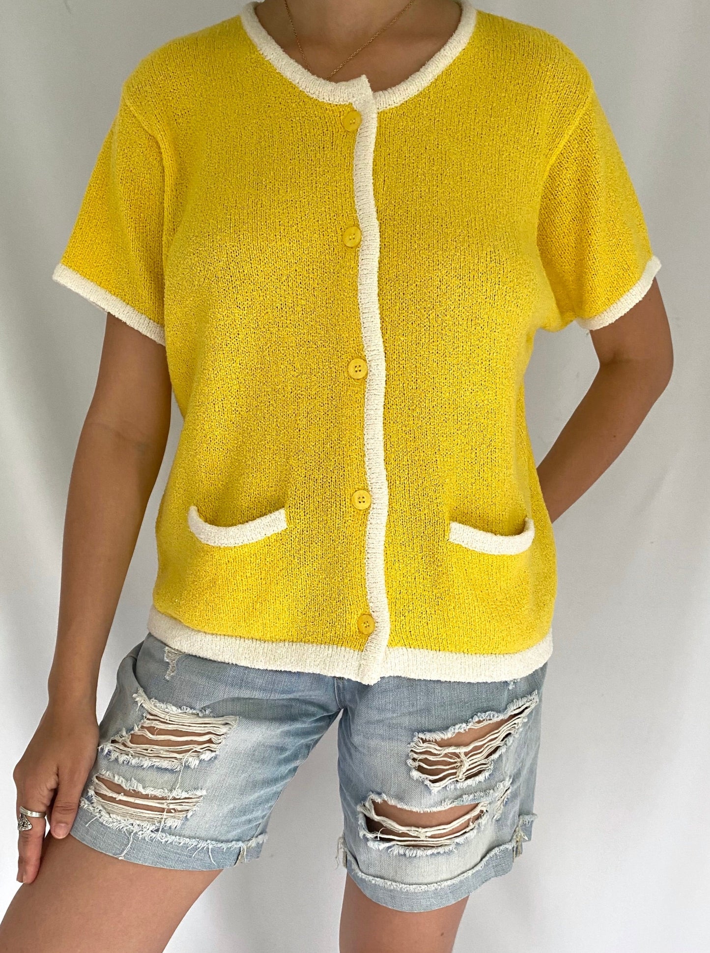 90s vintage yellow bright knit casual short sleeved shirt