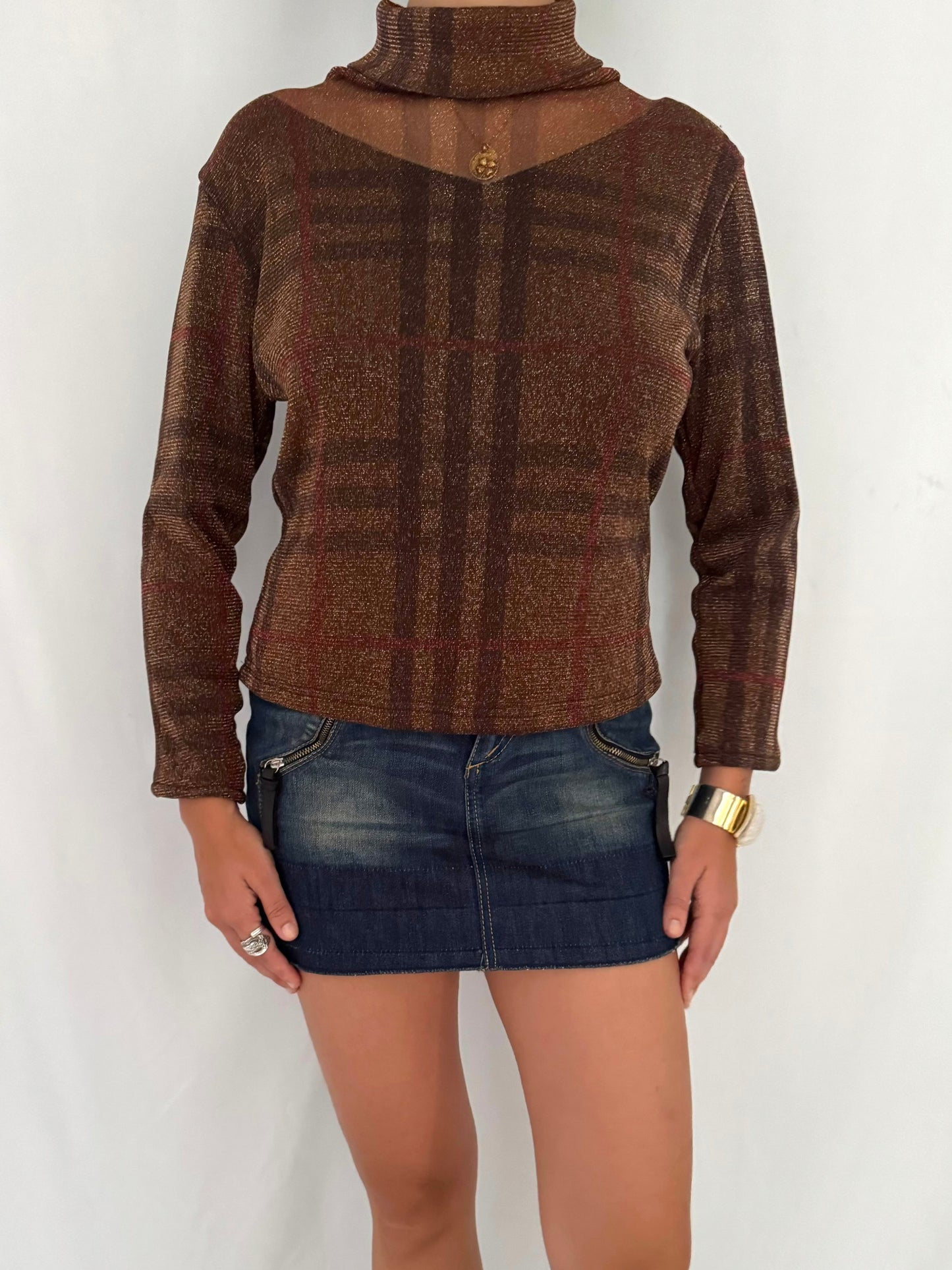 90s vintage brown metallic knit turtleneck sheer sweater blouse – small, medium | unique plaid shimmer funky collared top