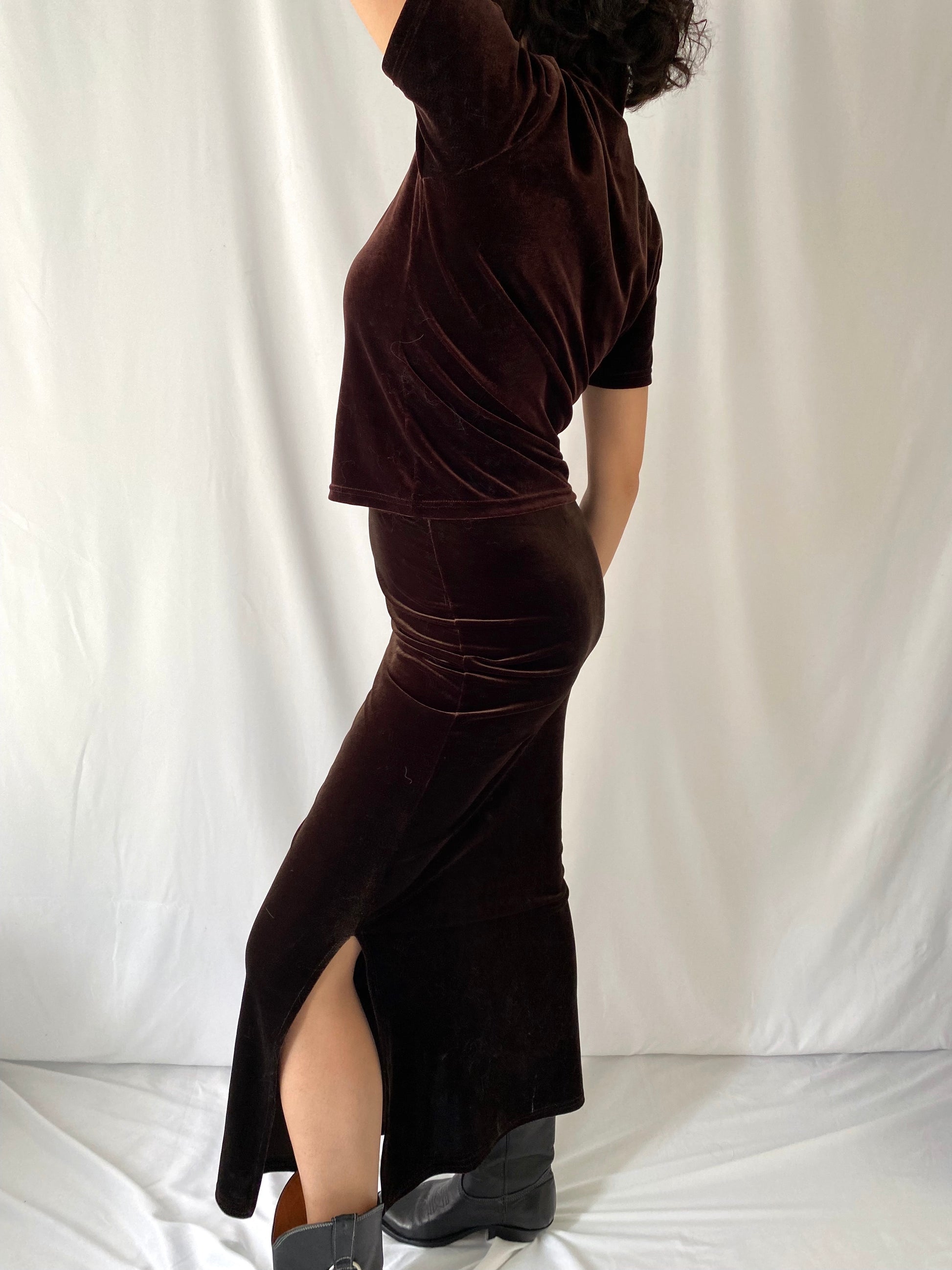90s vintage brown velour pullover tee shirt long skirt matching set