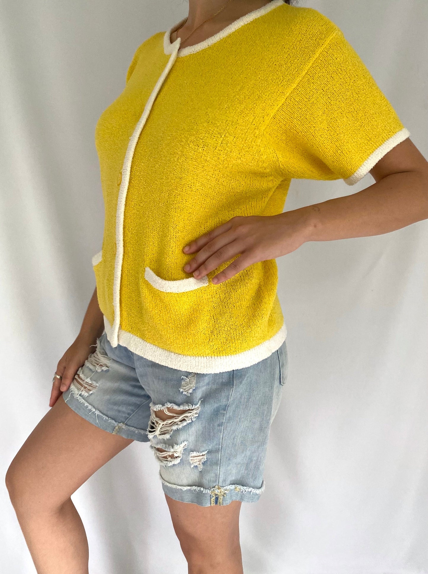 90s vintage yellow bright knit casual short sleeved shirt