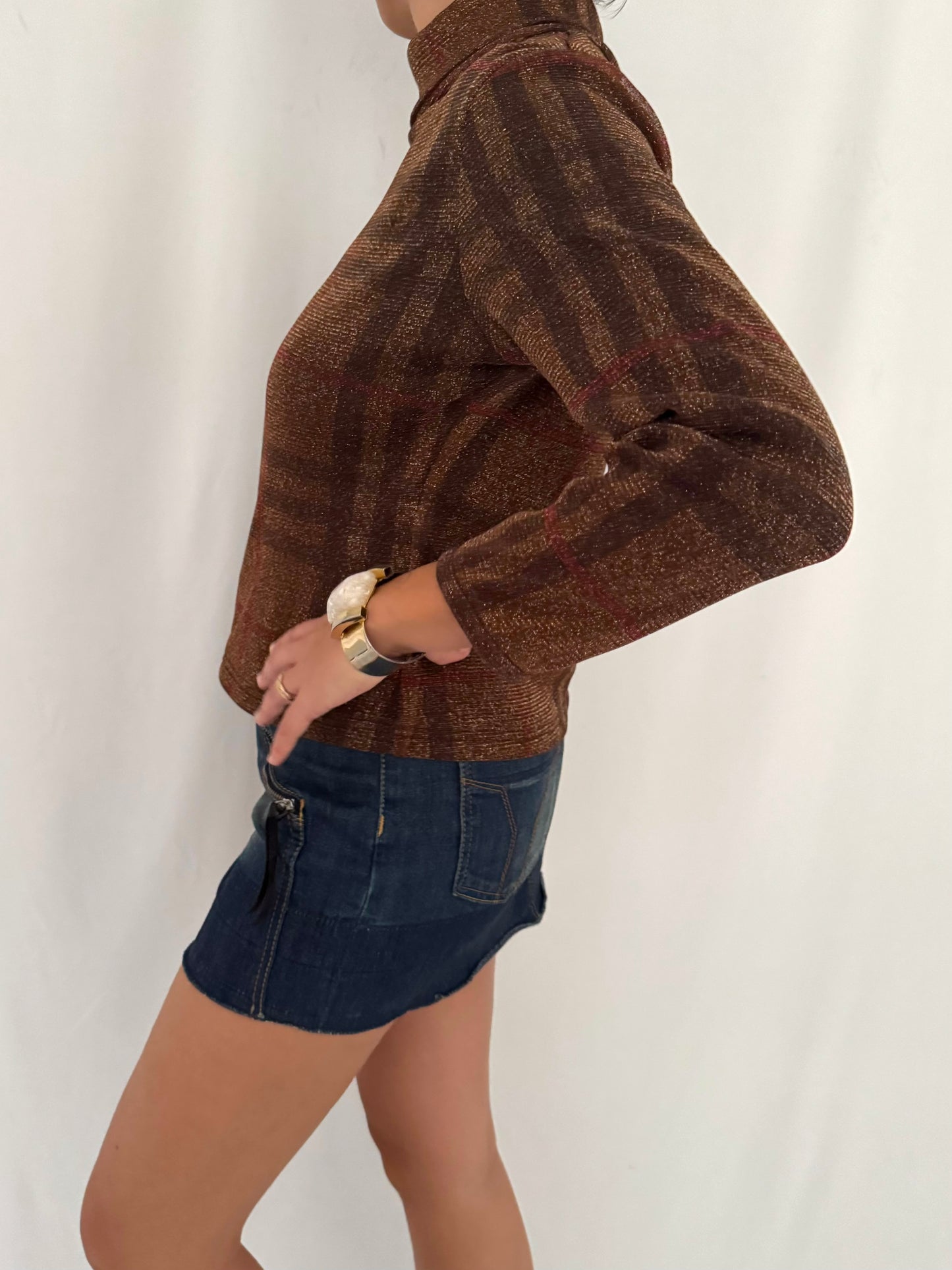 90s vintage brown metallic knit turtleneck sheer sweater blouse – small, medium | unique plaid shimmer funky collared top