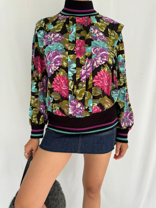 80s vintage multicolor floral striped turtleneck sweater