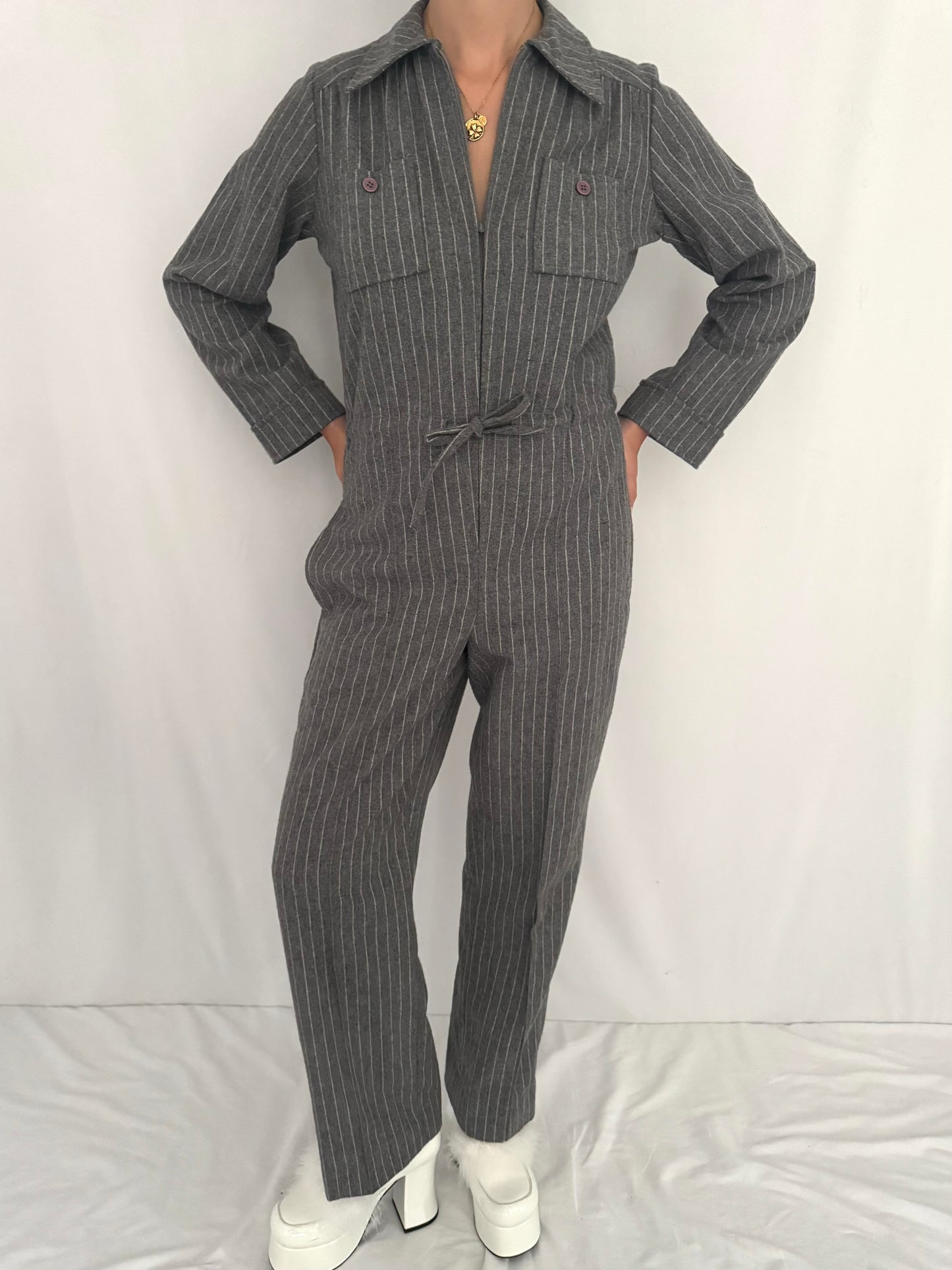 70s vintage grey pinstripe wool long sleeved pant jumpsuit