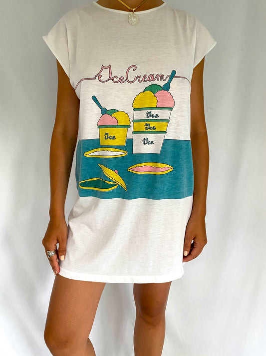 90s vintage white ice cream print sleeveless mini dress