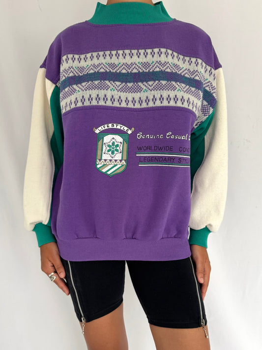 80s vintage multicolor colorblock retro style graphic crewneck pullover sweater