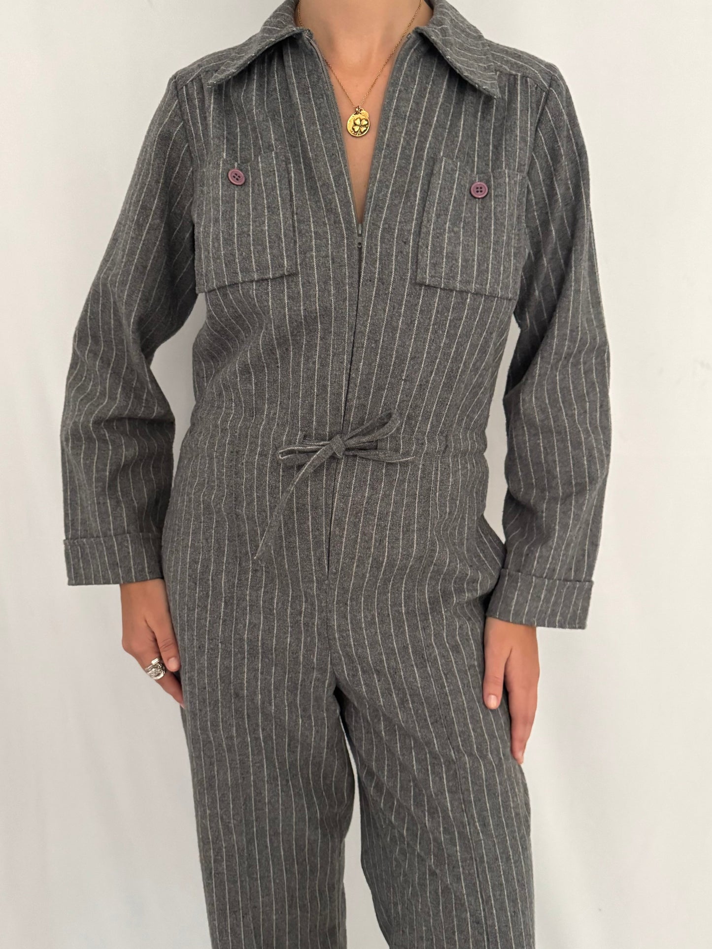 70s vintage grey pinstripe wool long sleeved pant jumpsuit