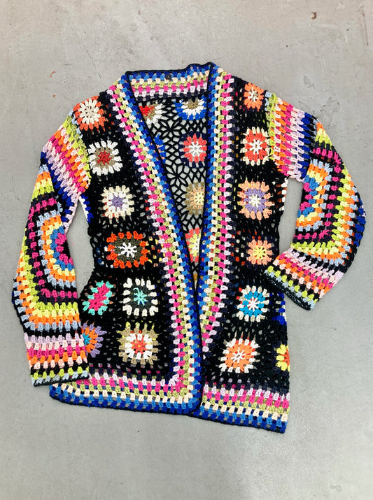 70s vintage rainbow granny square crochet knit cardigan