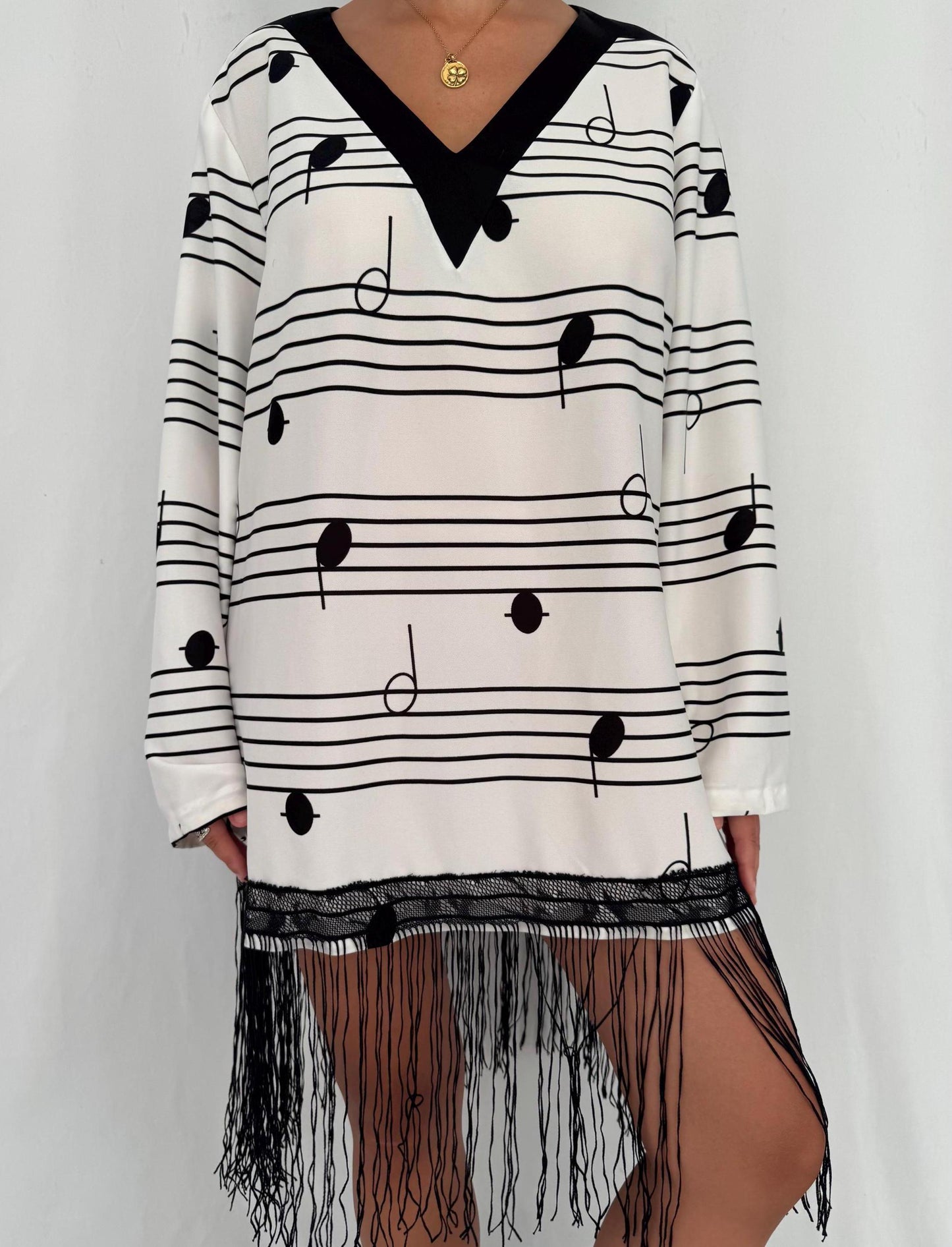70s vintage sheet music lover fringed trim long sleeved dress