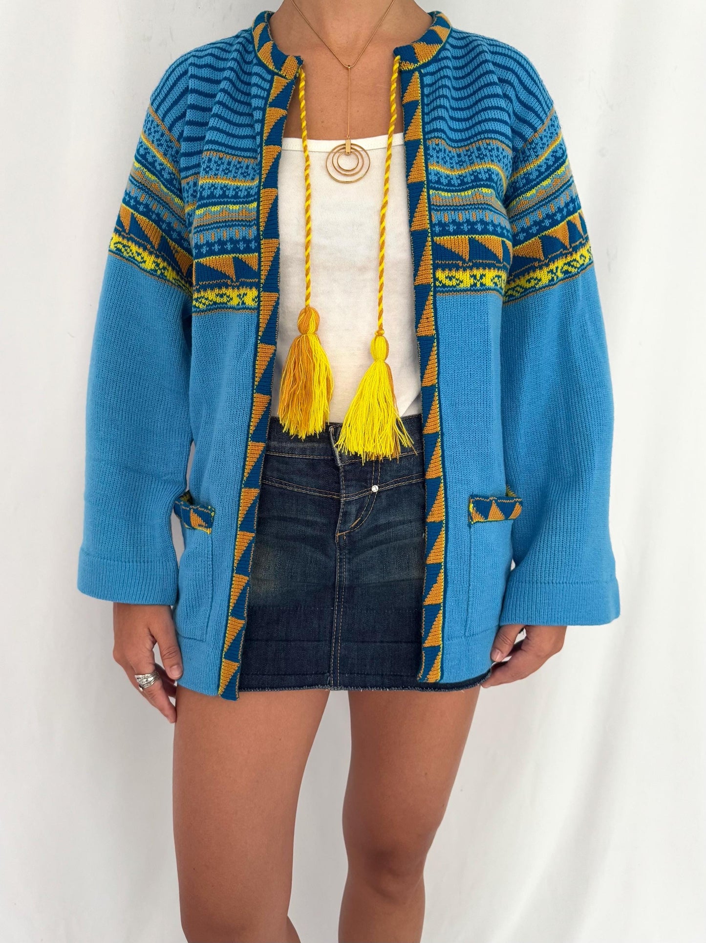 70s vintage blue yellow boho patterned tassel ties open front knit cardigan – small | helen sue western flared long sleeved acrylic sweater