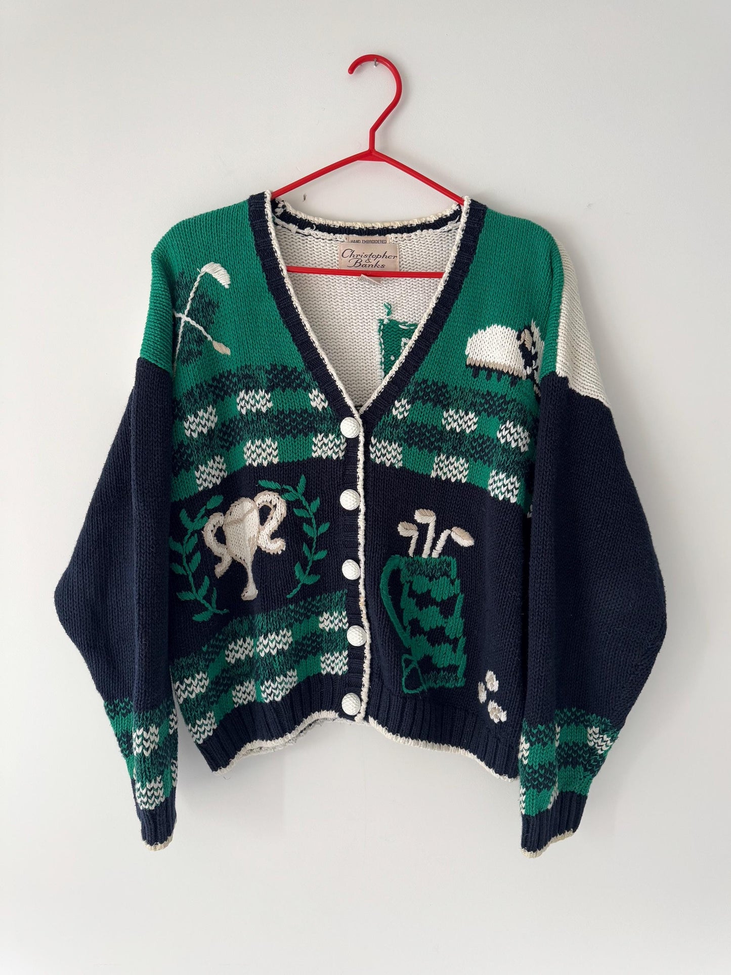 90s vintage novelty golf print embroidered hand knit cardigan – large | 3D golfing plaid unique funky button up sweater