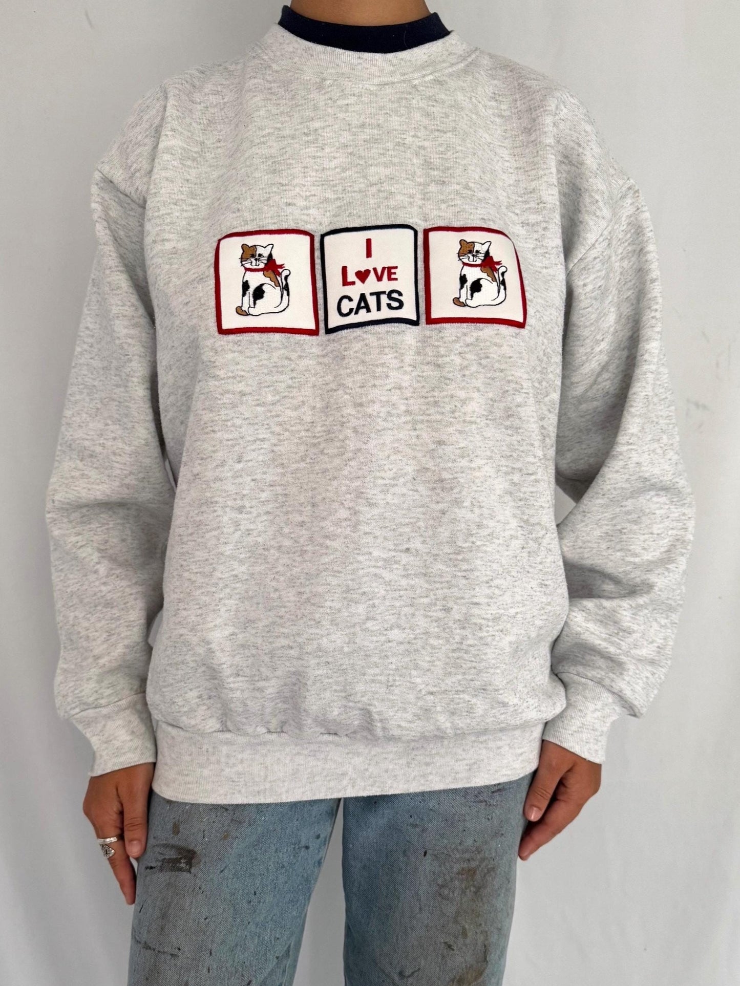 90s vintage grey I LOVE CATS graphic pullover sweatshirt