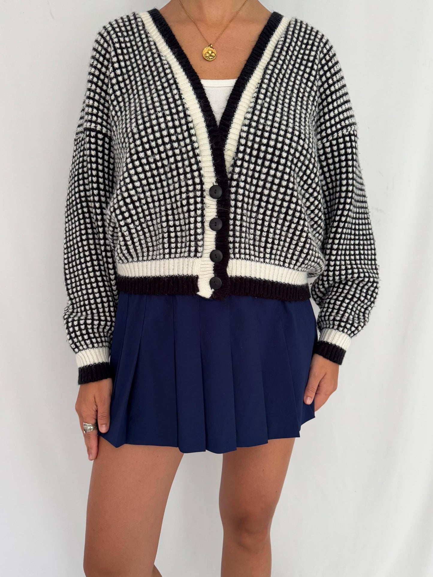 90s vintage black white check patterned button up knit cardigan – small medium | preppy light academia slouchy acrylic sweater