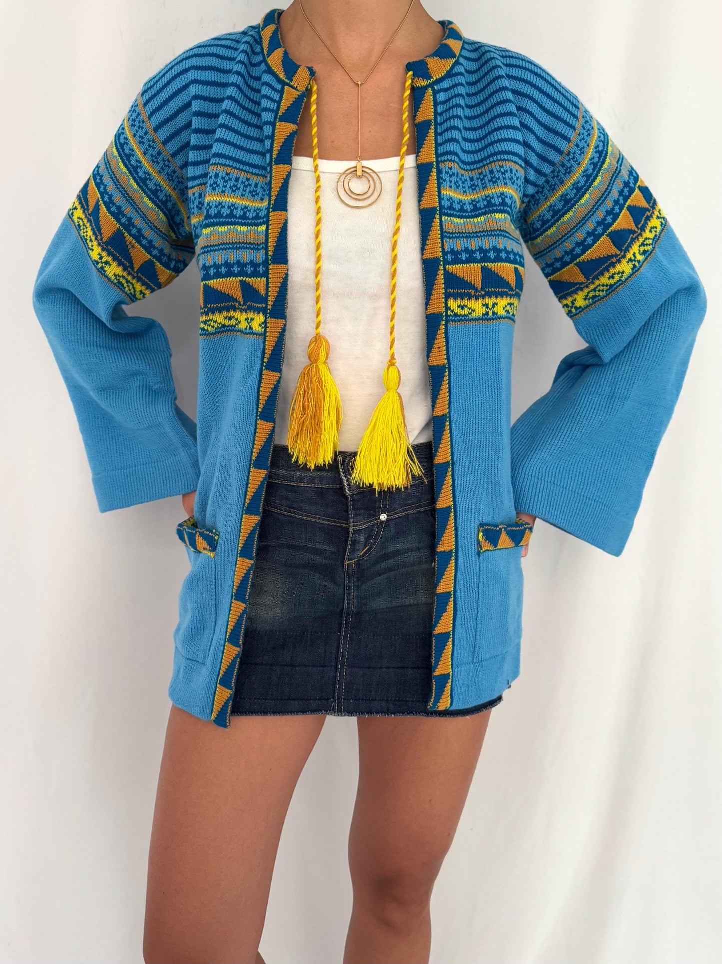 70s vintage blue yellow boho patterned tassel ties open front knit cardigan – small | helen sue western flared long sleeved acrylic sweater