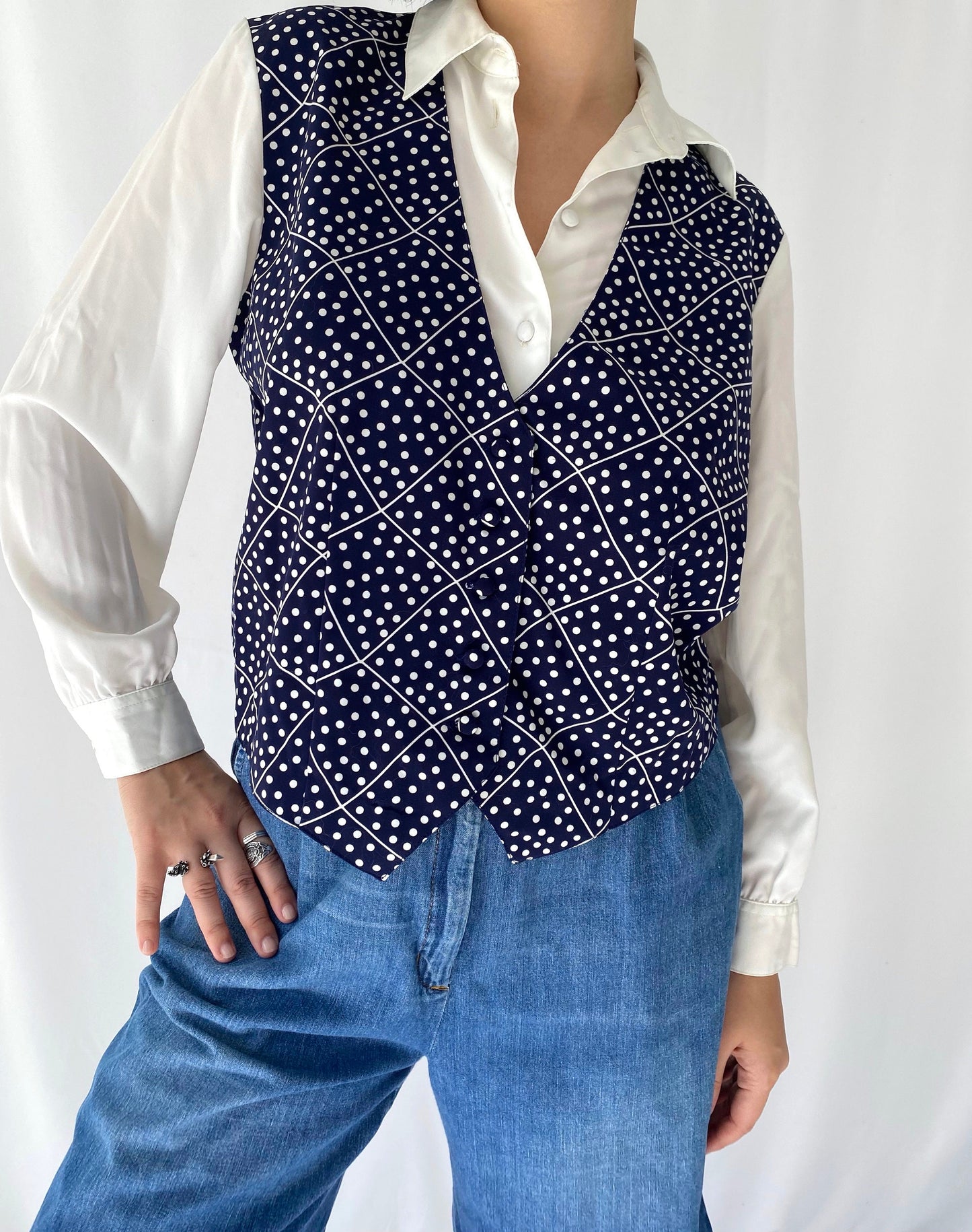 90s vintage polka dot navy blue white attached vest blouse – small | novelty retro layered collared button up shirt