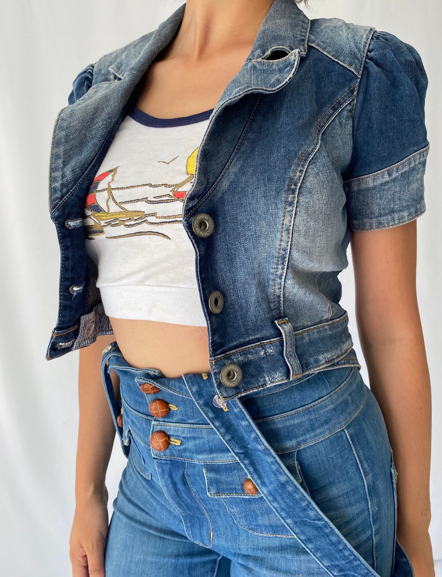 y2k vintage blue denim cropped blazer – extra small, small | guess jeans short sleeved collared jacket