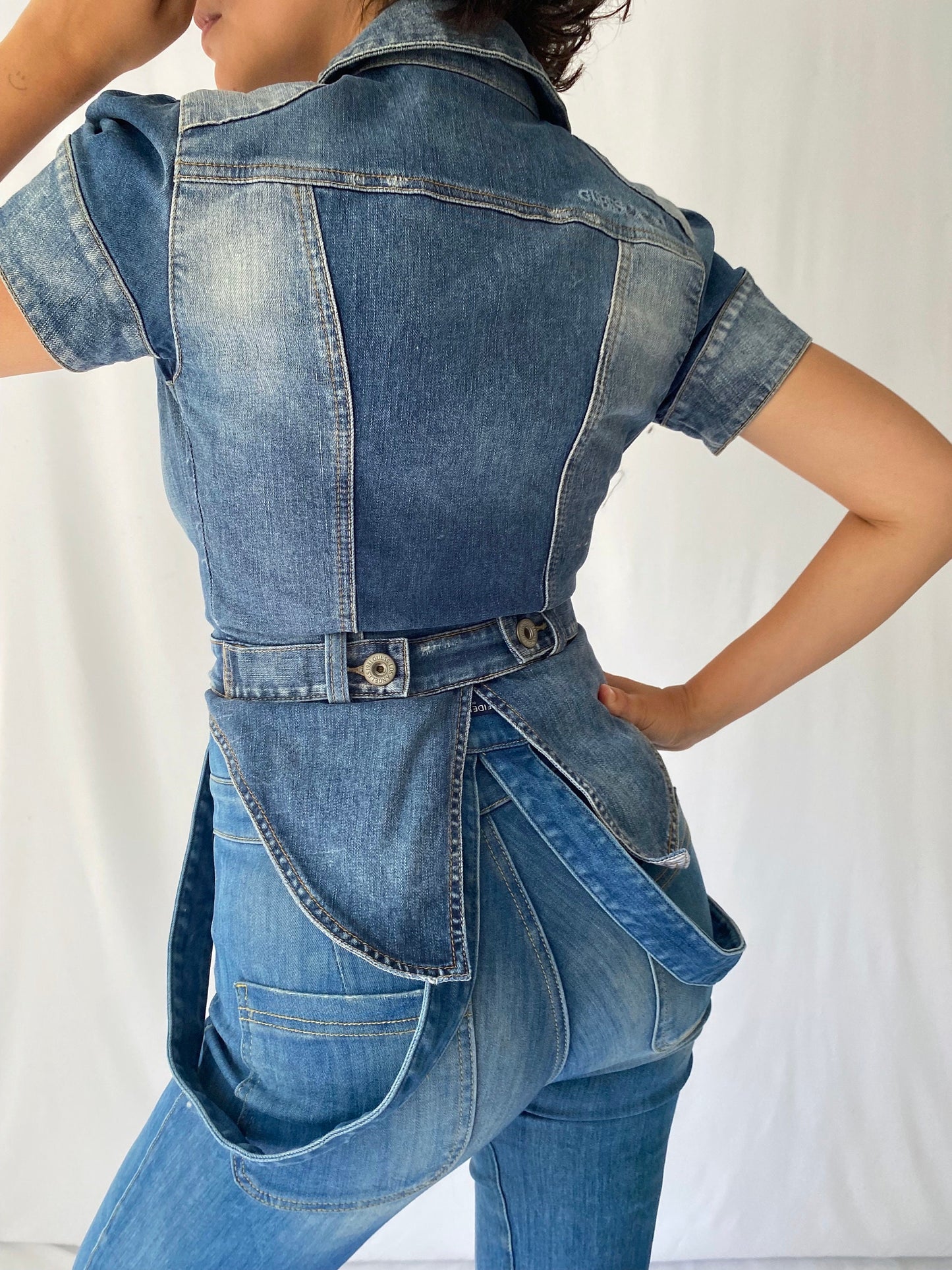 y2k vintage blue denim cropped blazer – extra small, small | guess jeans short sleeved collared jacket