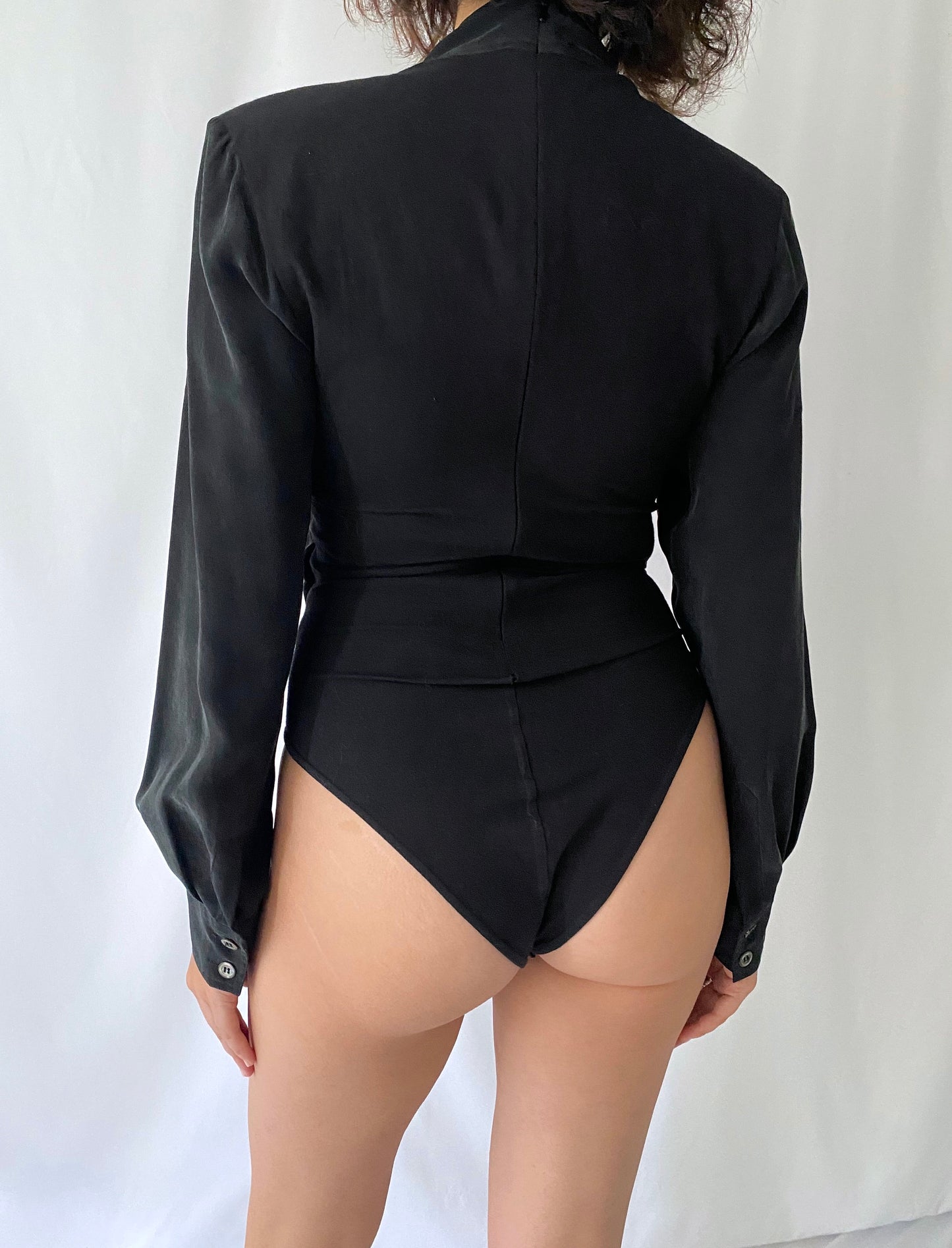 80s vintage long sleeved black pure silk blouse bodysuit with front tie bow - small, medium | dance party leotard one piece