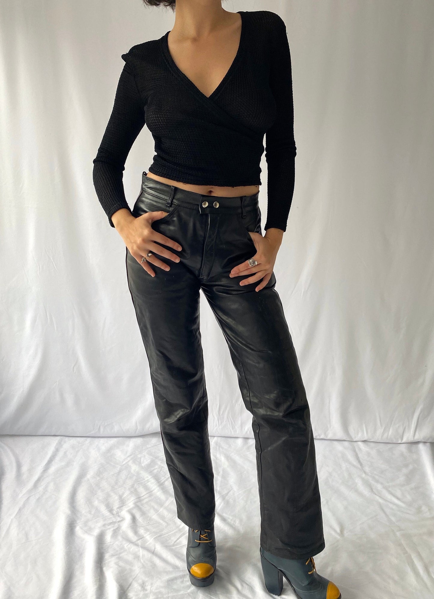 90s vintage versace jeans couture black knit crop shirt – small | long sleeved wrap plunge blouse
