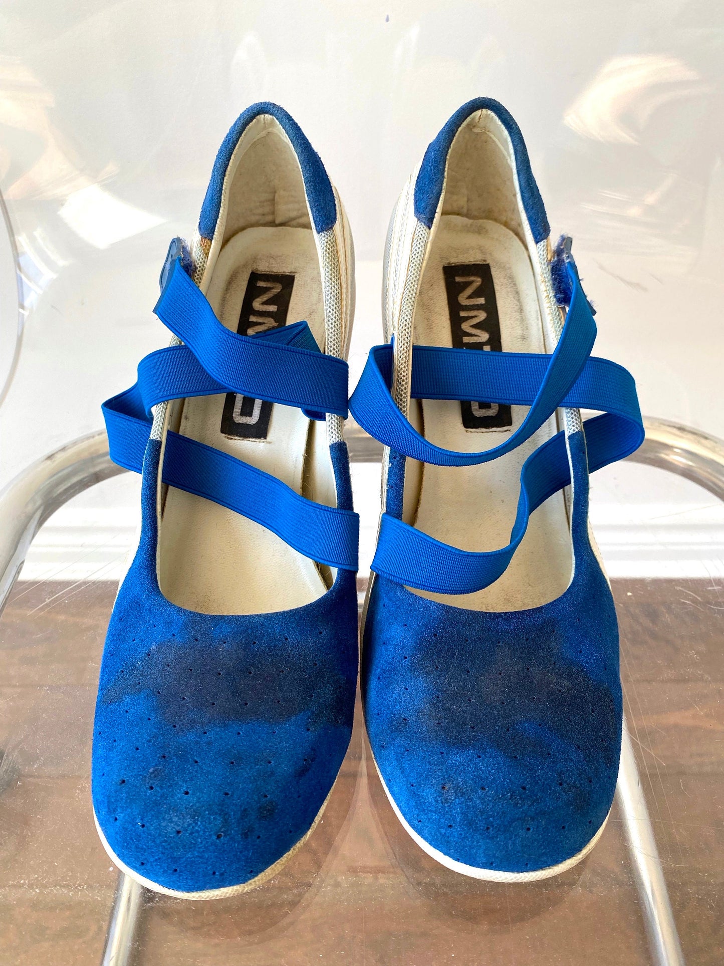 90s vintage blue nm70 RARE thrashed futuristic sneaker pumps - womens US 8 EUR 39 | sci fi grunge sporty cosplay rave trainers heels