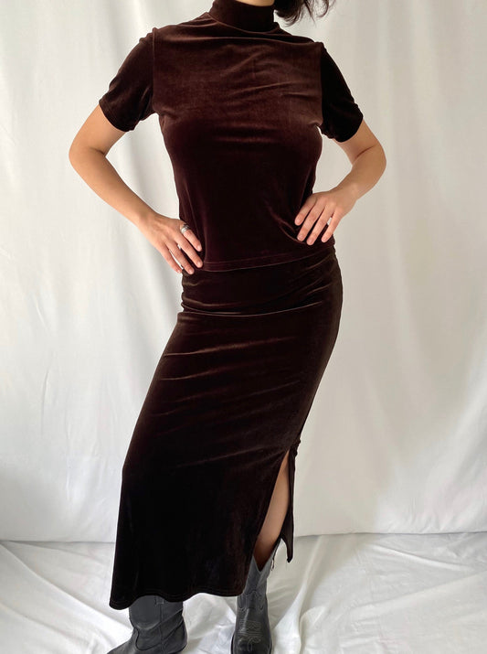 90s vintage brown velour pullover tee shirt long skirt matching set