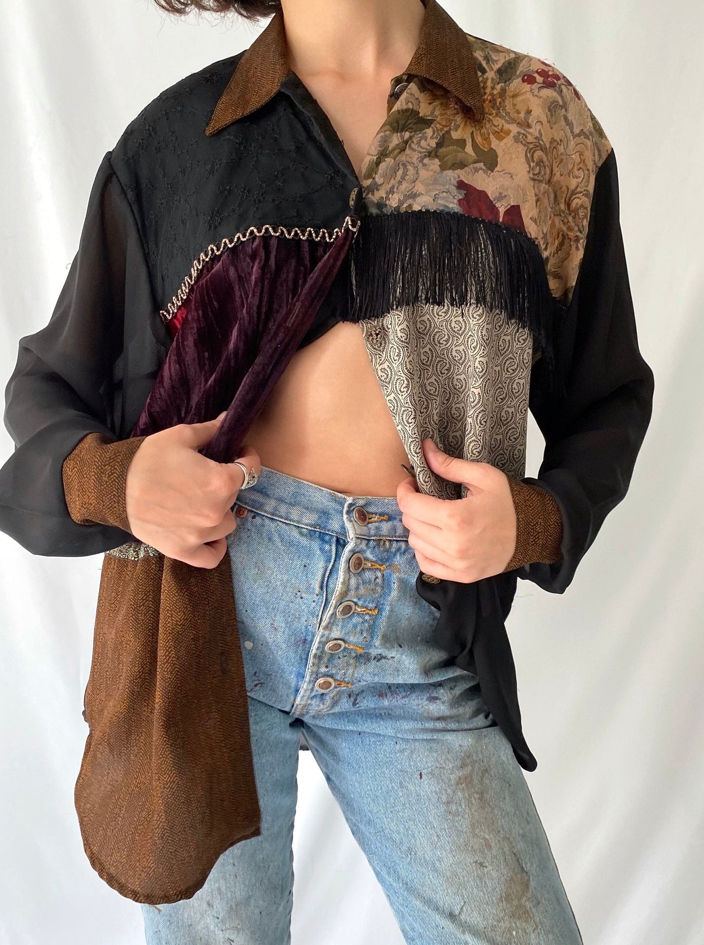 90s vintage patchwork fringe boho long sleeve blouse – medium | floral western hippy button up shirt