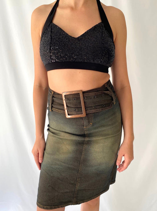 90s vintage black sequin cropped halter bra