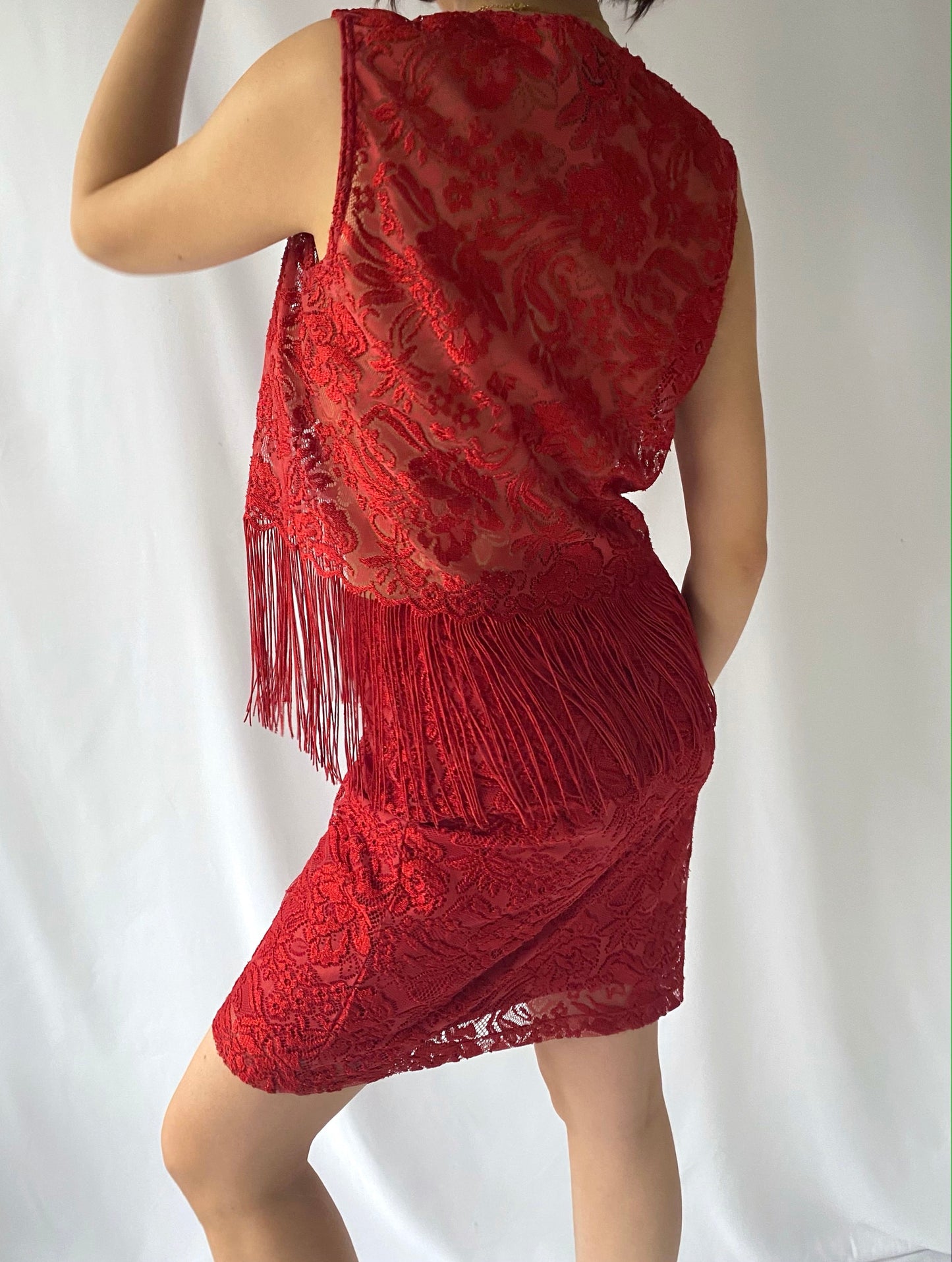 90s vintage red lace fringe vest mini skirt matching set – small, medium | boho western country festival coord set