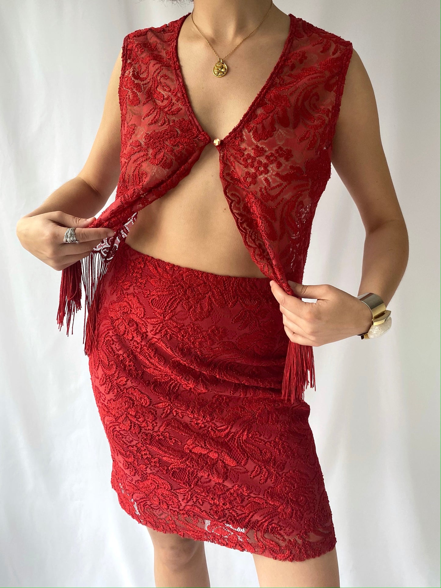 90s vintage red lace fringe vest mini skirt matching set – small, medium | boho western country festival coord set