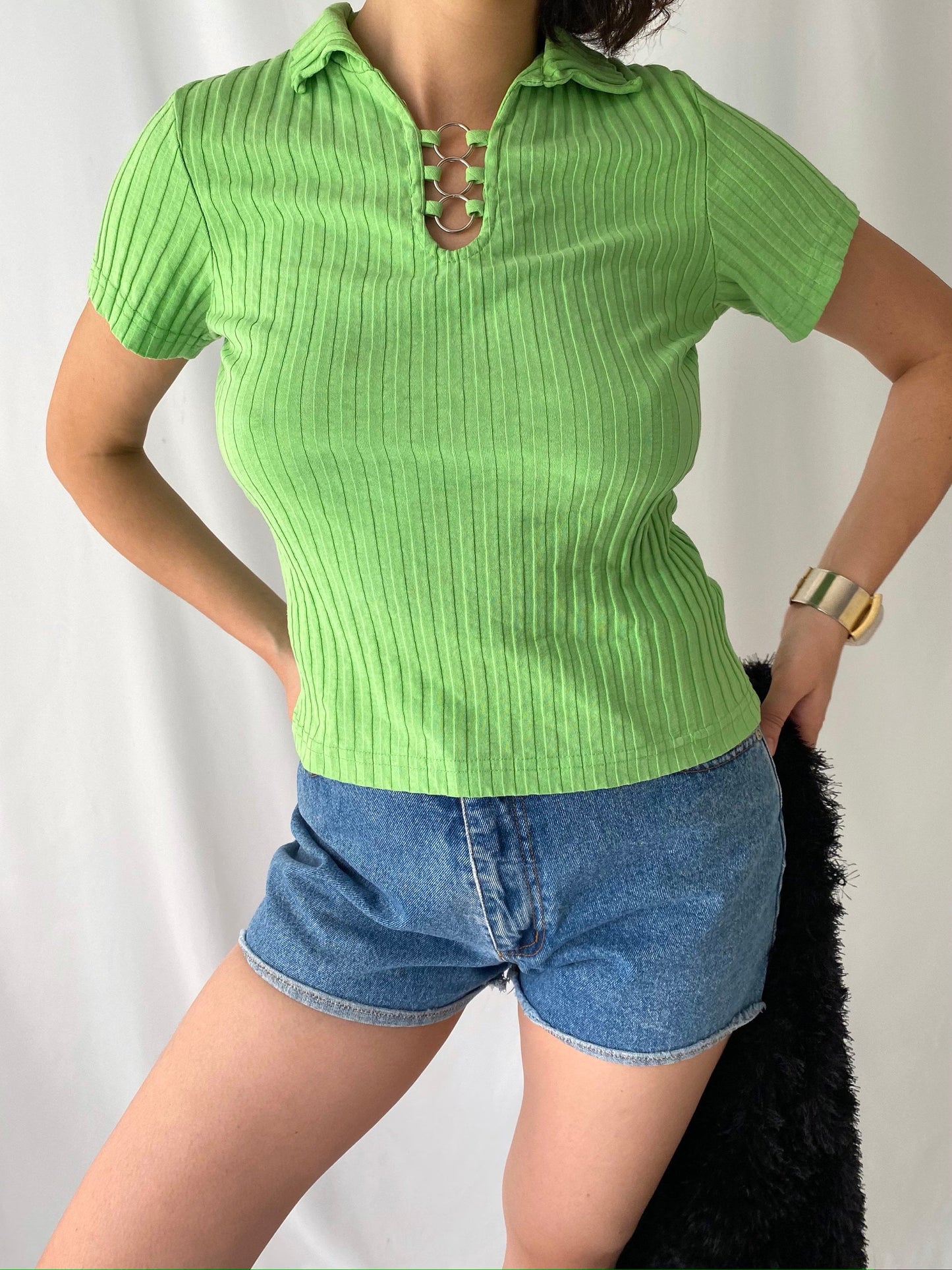 90s y2k vintage green ribbed short sleeved crop top – extra small, small | bright neon collared fun bratz shirt