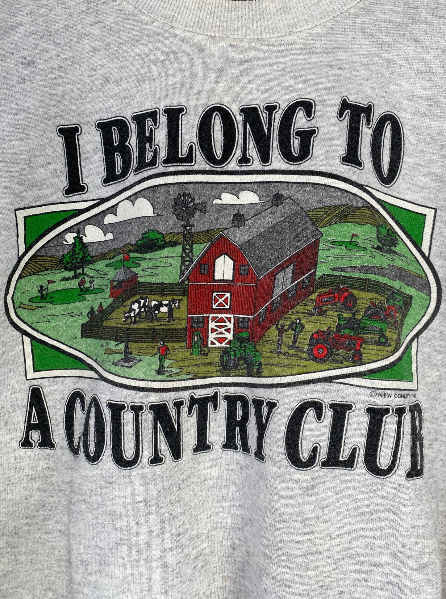 90s vintage grey country club farm graphic pullover sweatshirt – medium large | outdoor nature spellout unisex crewneck sweater