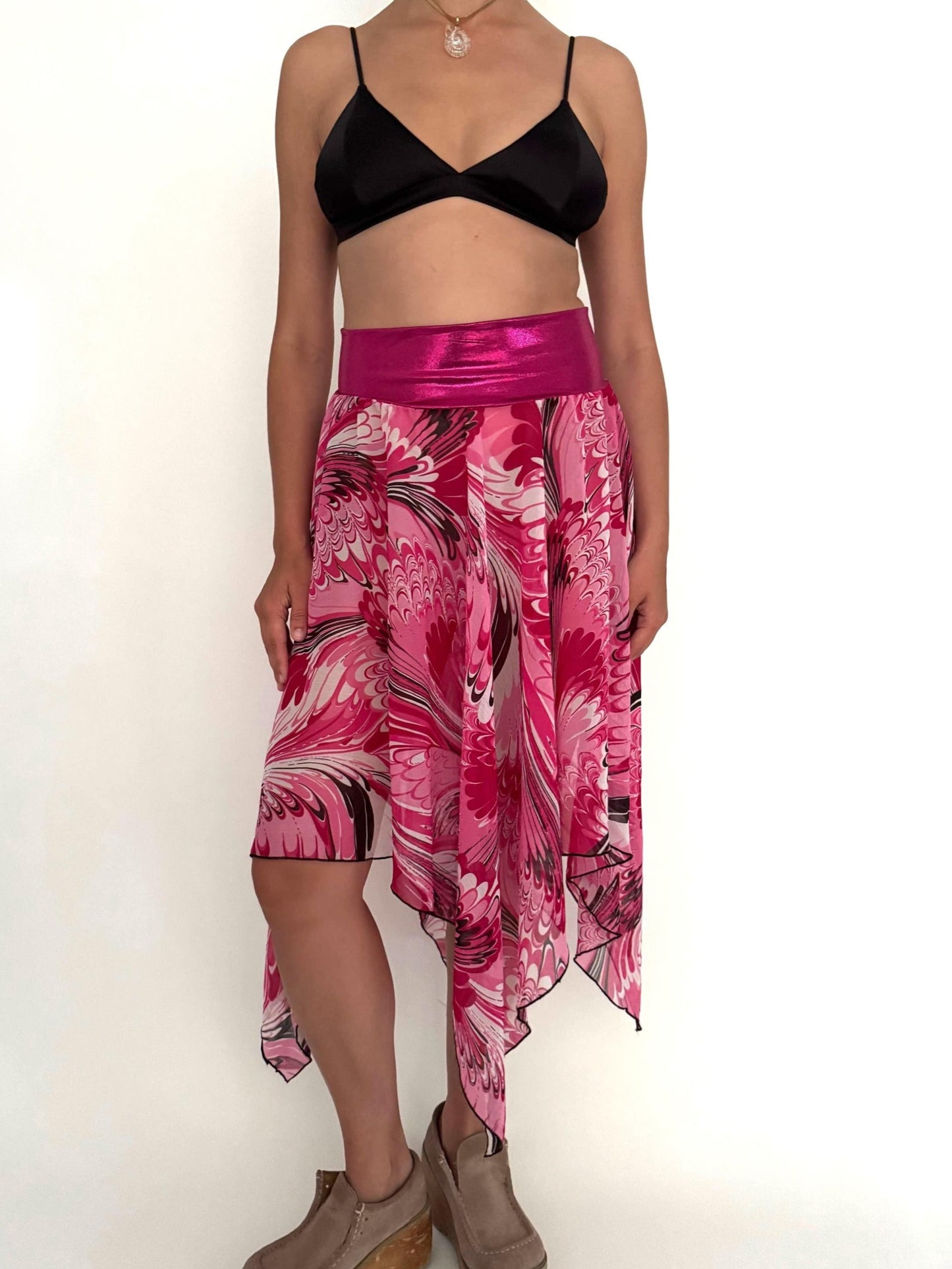 y2k vintage pink asymmetrical sheer flowy midi skirt – small medium | abstract fairy grunge coquette skirt