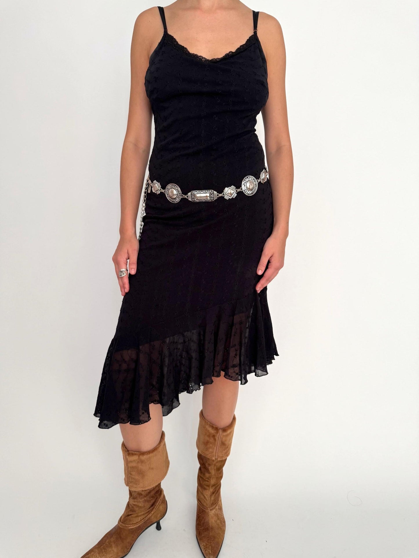90s vintage black eyelet ruffled asymmetric midi dress – small | BHATTI Paris whimsigoth frilly dress
