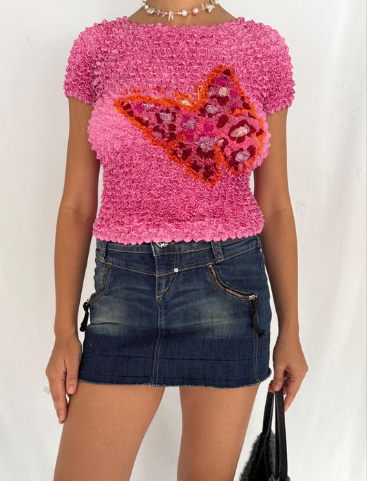 90s vintage pink butterfly graphic popcorn crop top