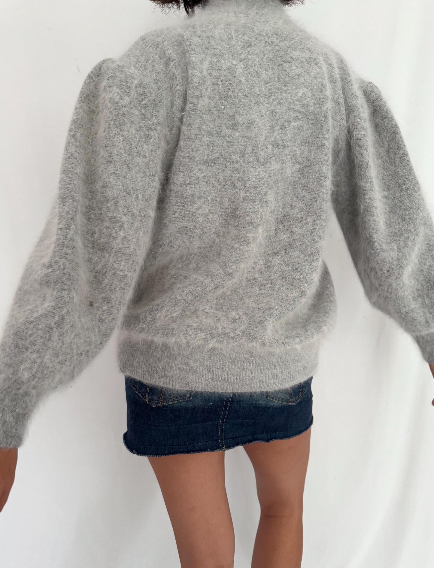 80s vintage grey angora beaded button up cardigan sweater – small medium | fluffy soft embellished puffed long sleeved jumper