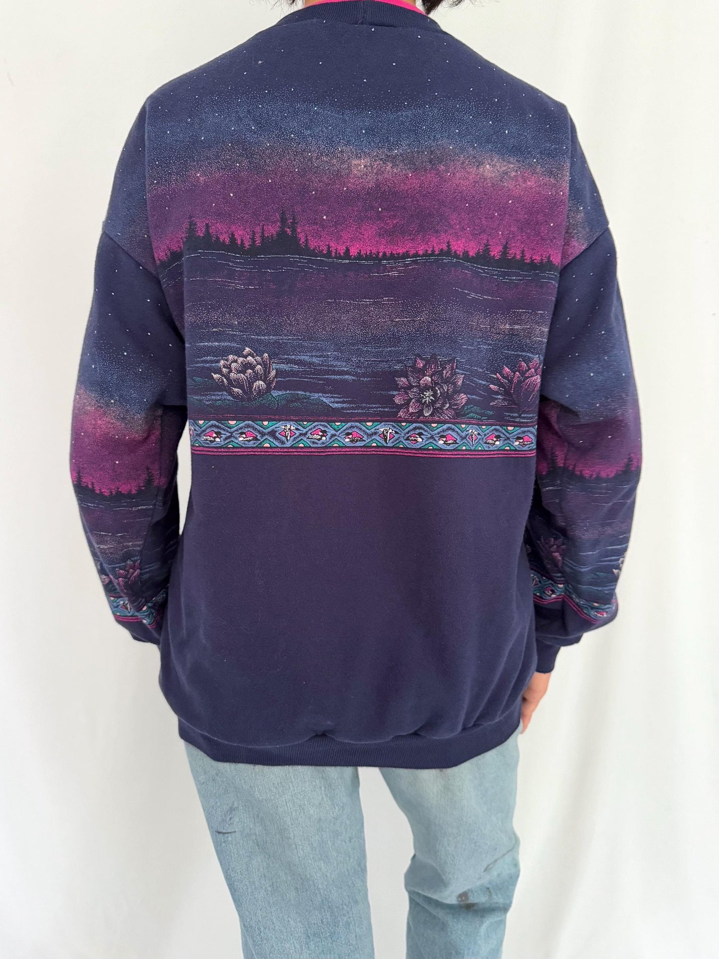 90s vintage duck loon outdoor nature graphic pullover sweater – small medium | lake landscape scene cotton collared sweatshirt