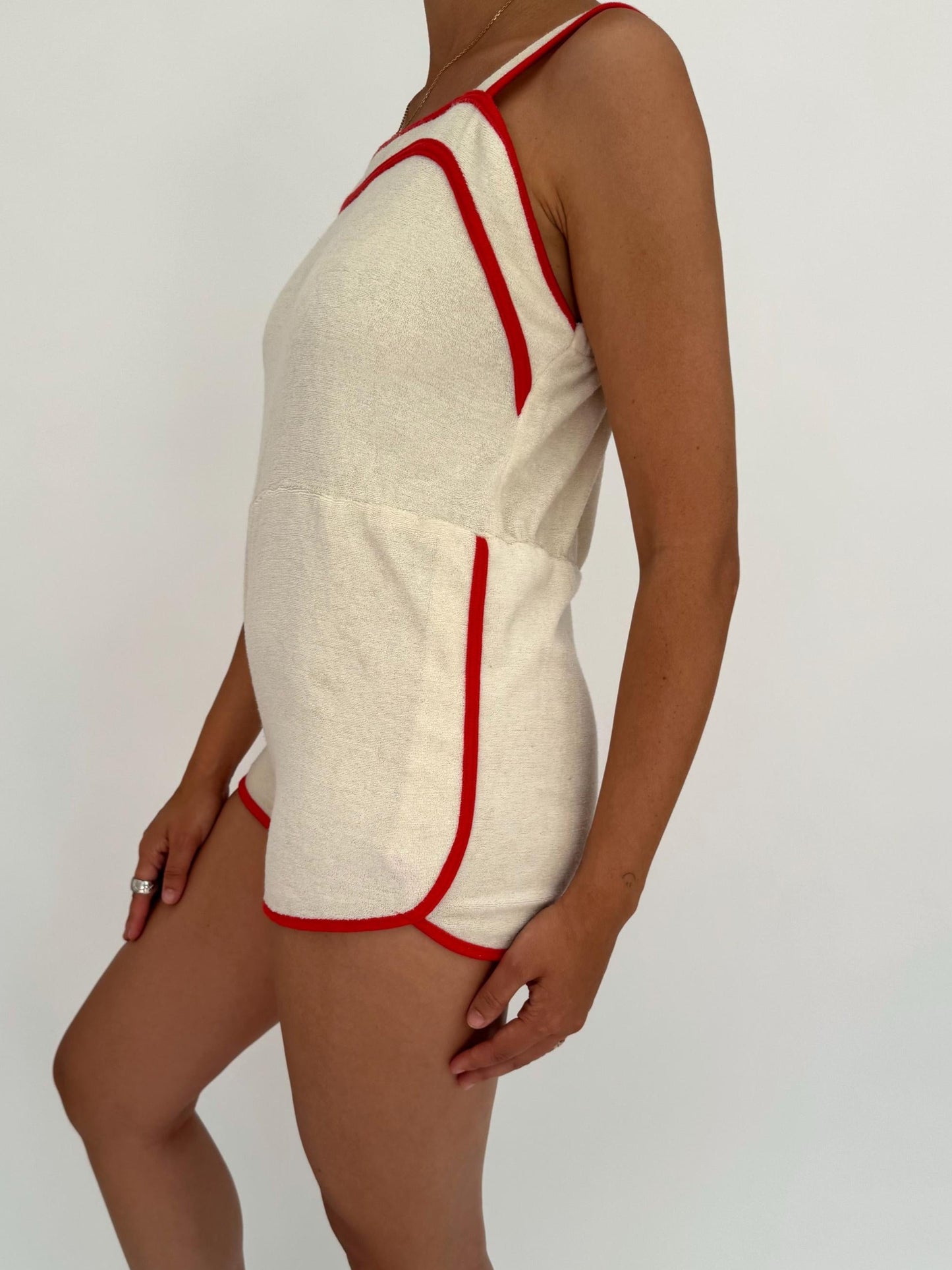 70s vintage cream ringer terry cloth mini playsuit – small | retro vacation cover up one piece shorts romper