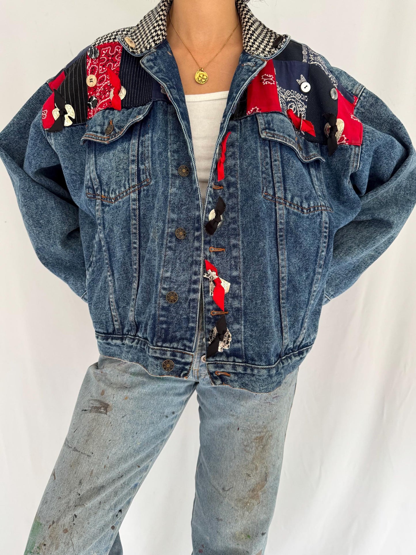 90s vintage blue denim western patchwork bandana jean jacket