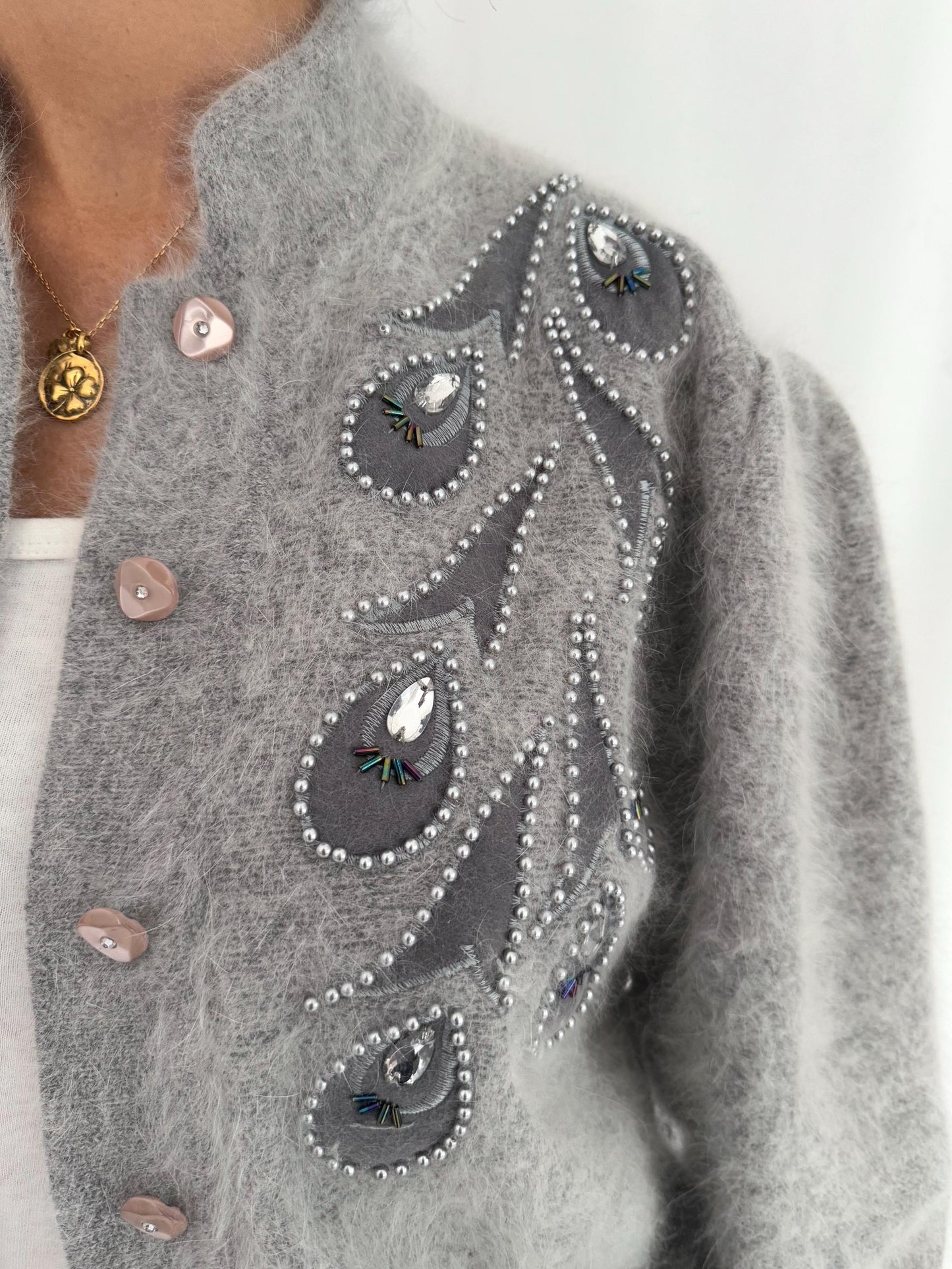 80s vintage grey angora beaded button up cardigan sweater – small medium | fluffy soft embellished puffed long sleeved jumper