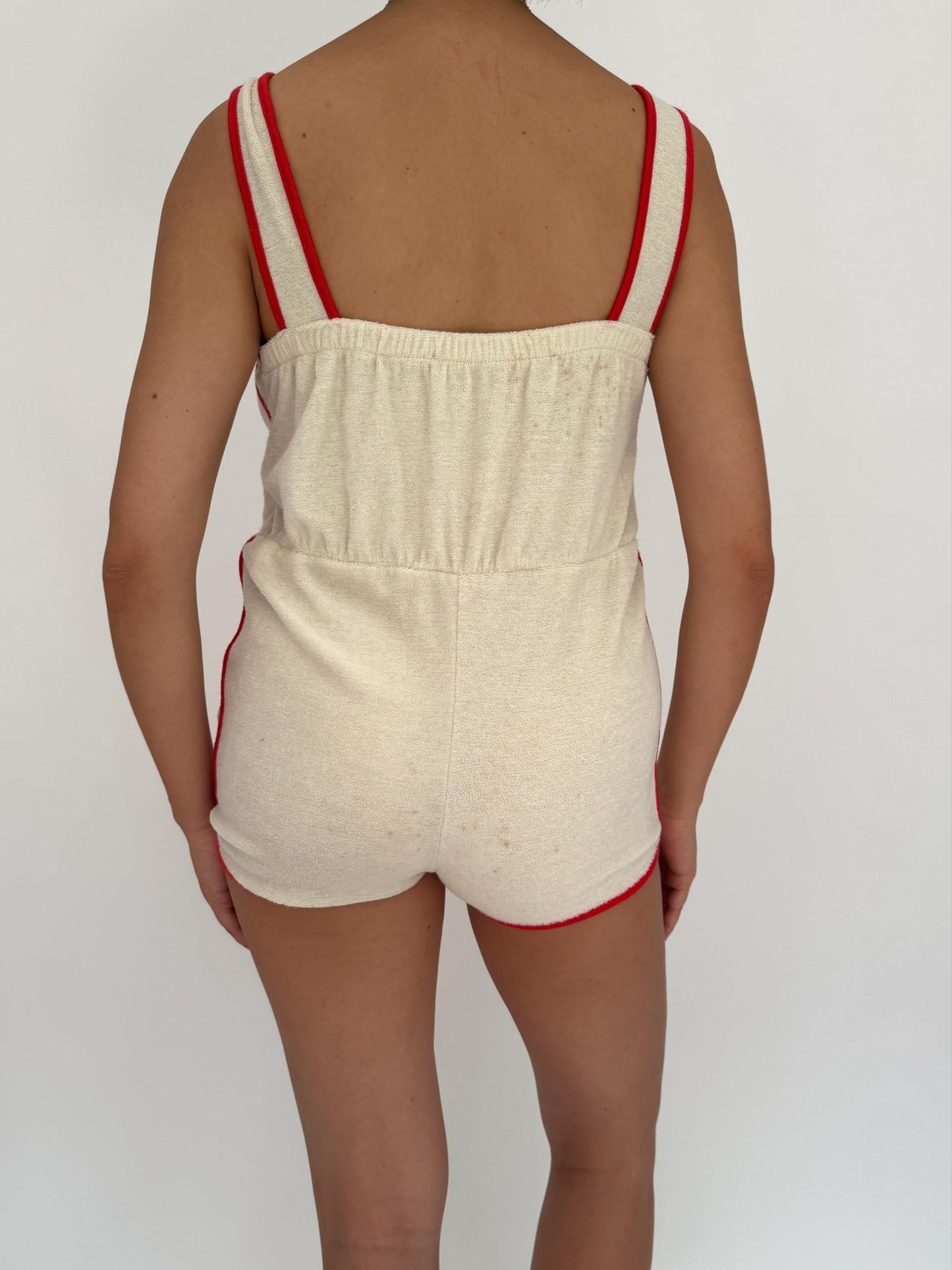 70s vintage cream ringer terry cloth mini playsuit – small | retro vacation cover up one piece shorts romper
