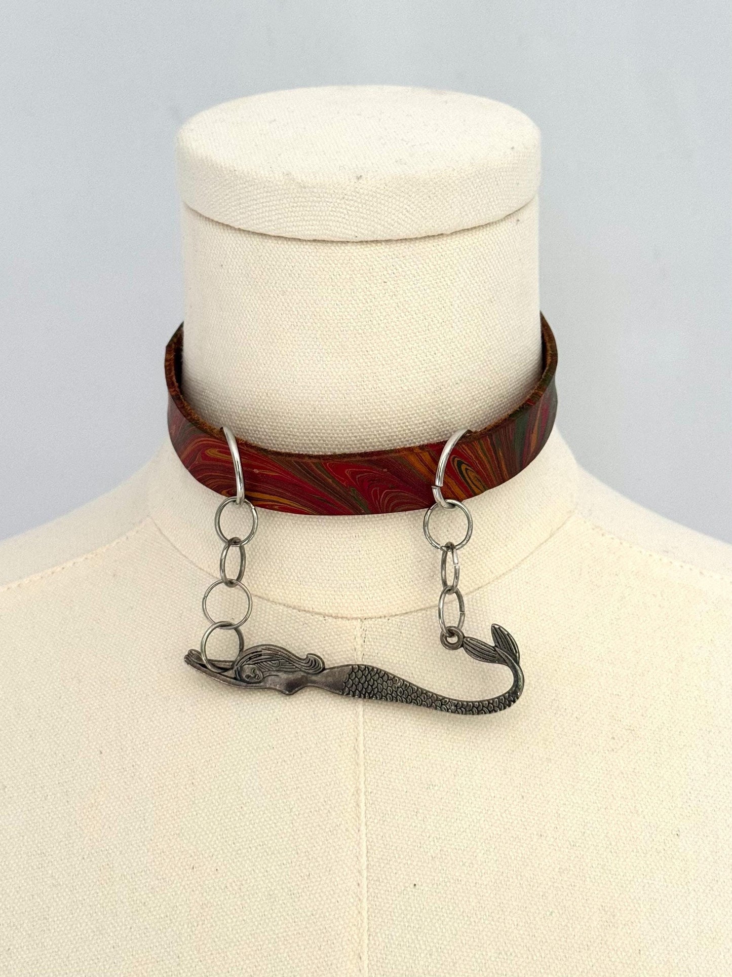 vintage mermaid oversized pendant leather choker short necklace | unique grunge chain jewellery art to wear