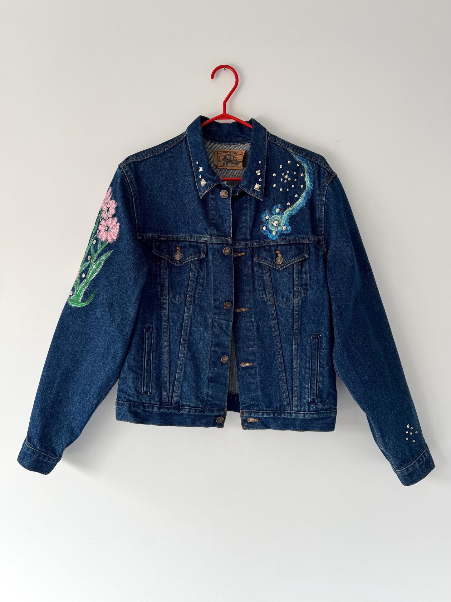90s vintage blue denim hand painted flowers studded jean jacket – medium | unique reworked custom floral embellished boxy coat