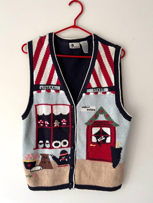 90s vintage multicolor novelty outdoor market store scene knit sweater vest