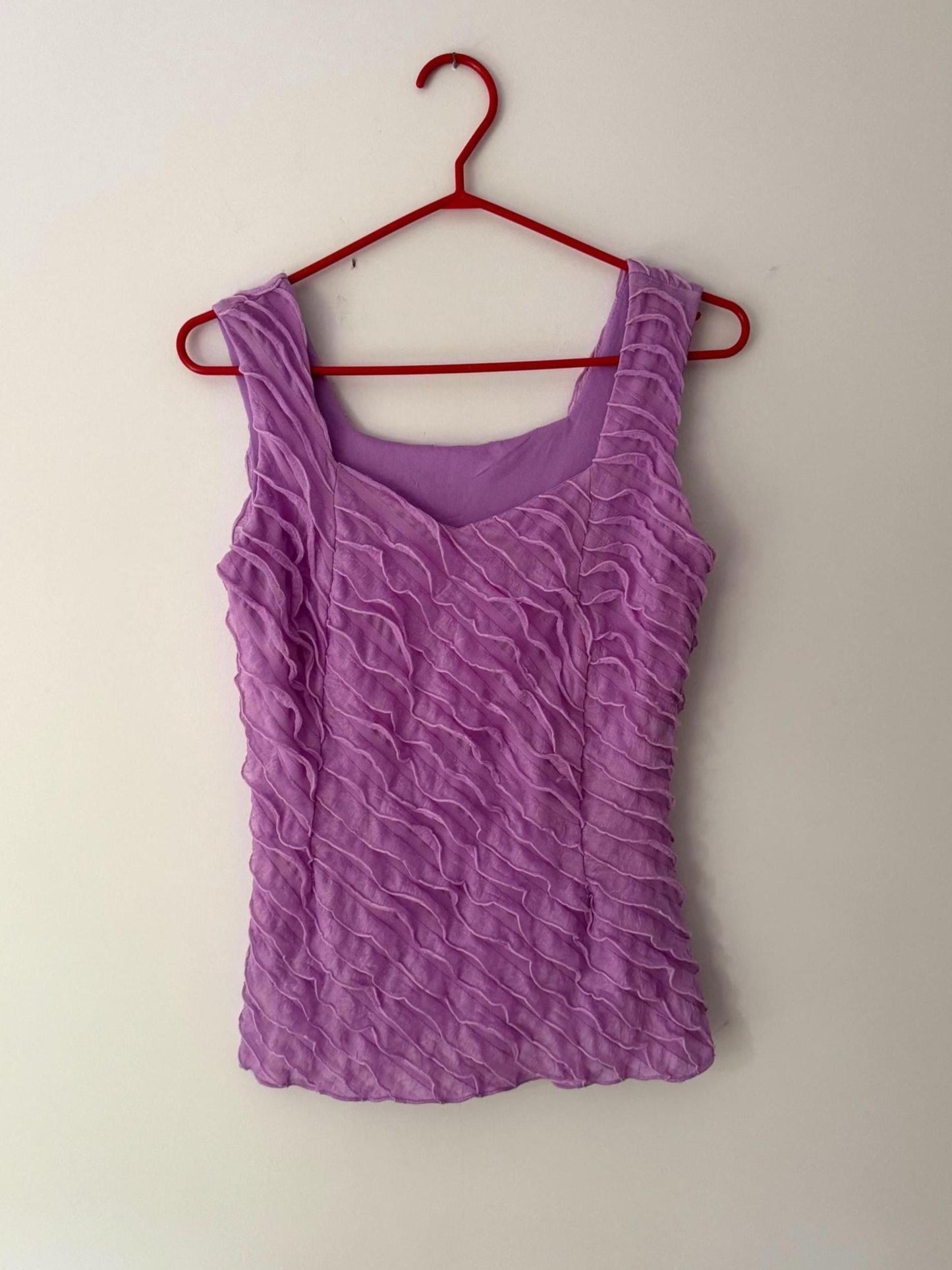 90s vintage purple ruffled tank top – medium large | cute frilly coquette romantic stretch sleeveless shirt