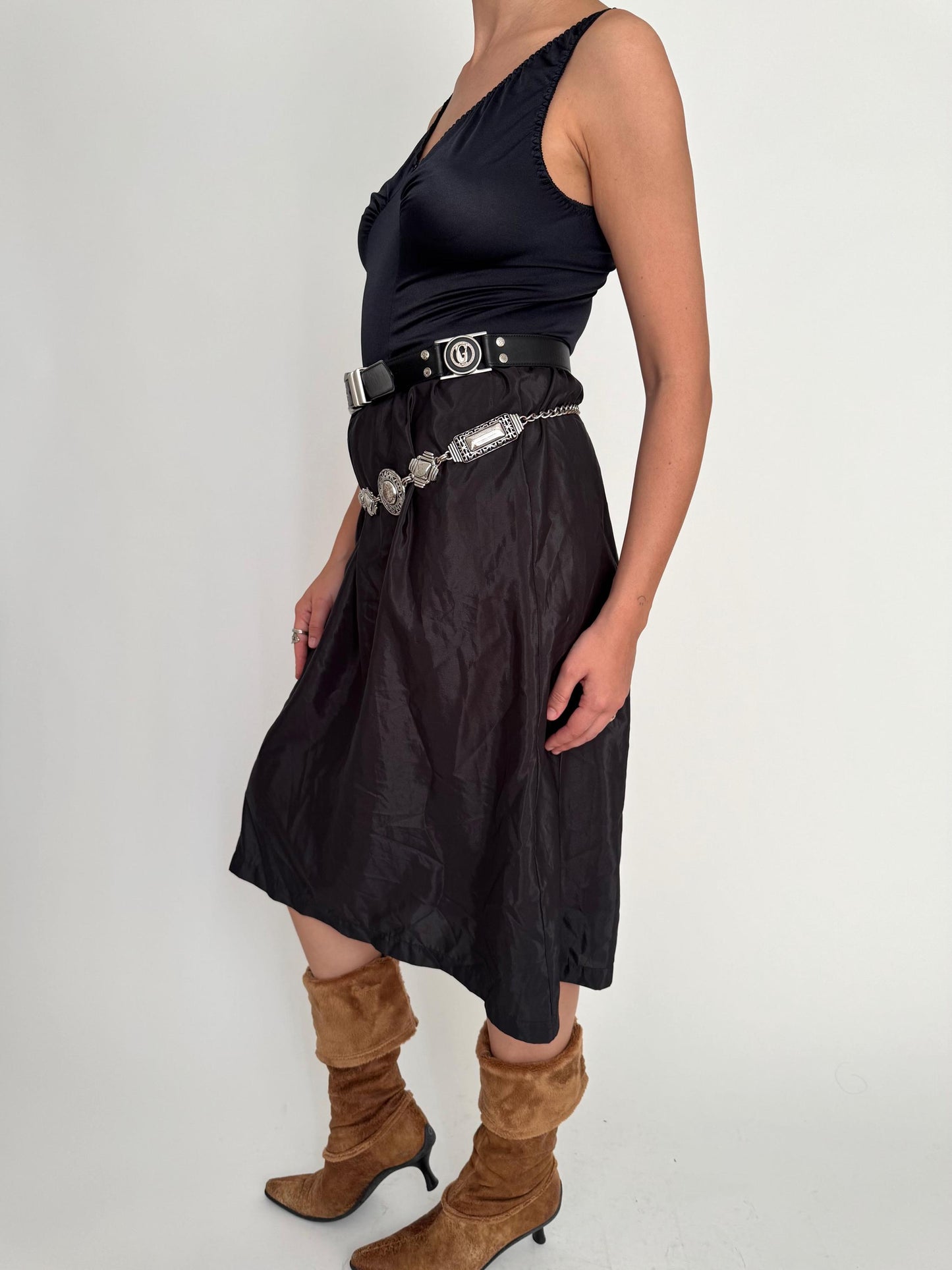 70s vintage black Olga midi slip dress with satin skirt