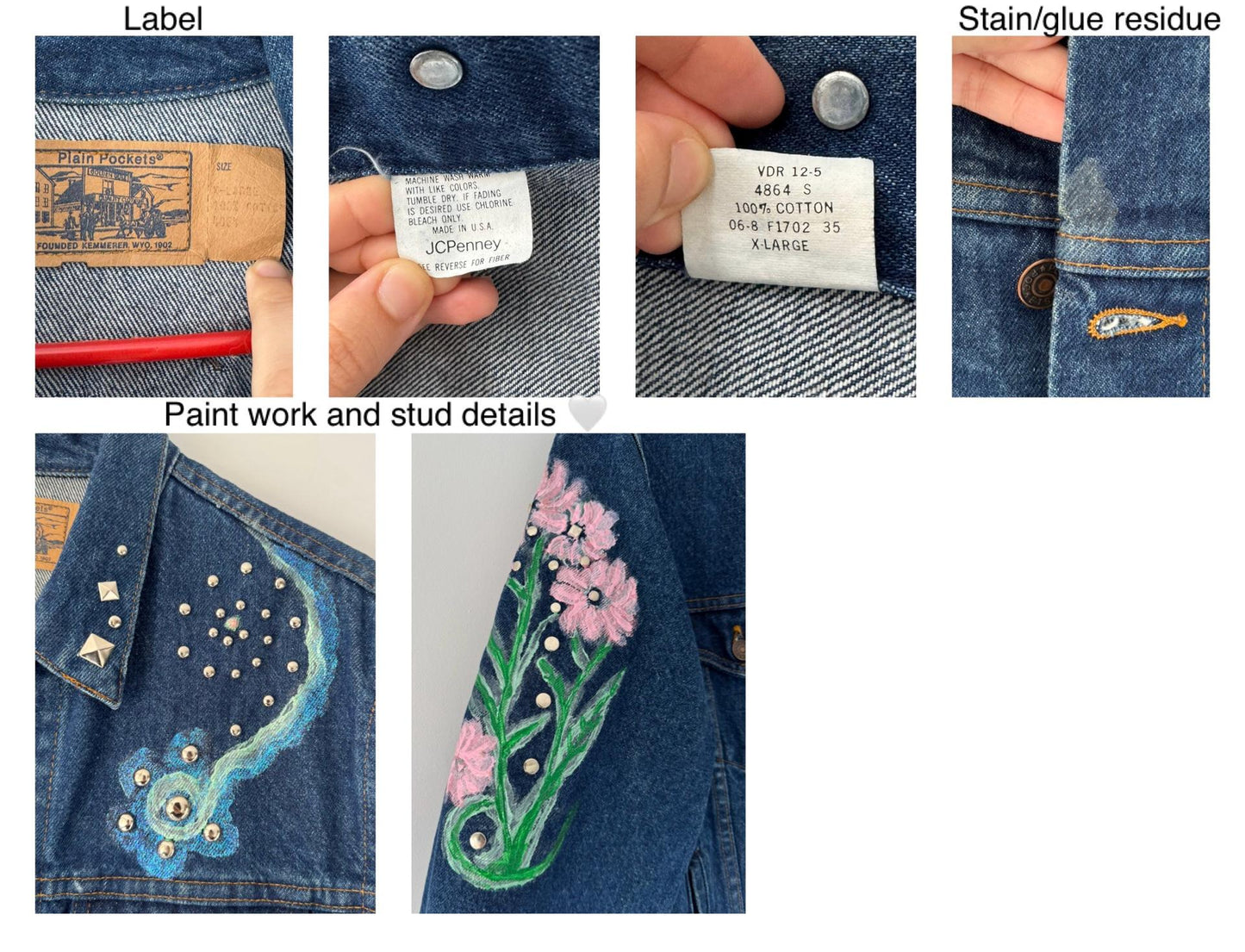 90s vintage blue denim hand painted flowers studded jean jacket – medium | unique reworked custom floral embellished boxy coat