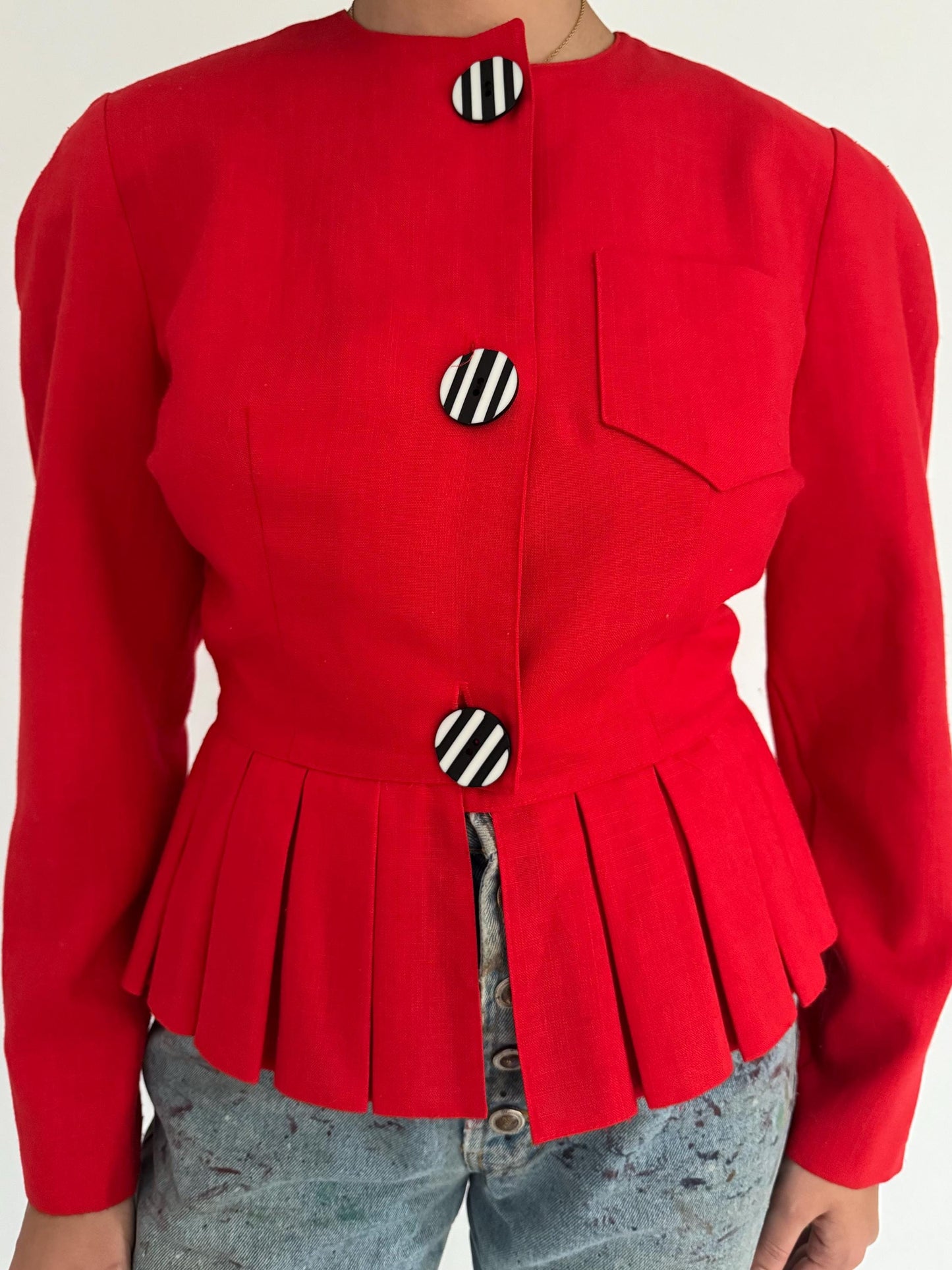 80s vintage red pleated cropped peplum button up blouse