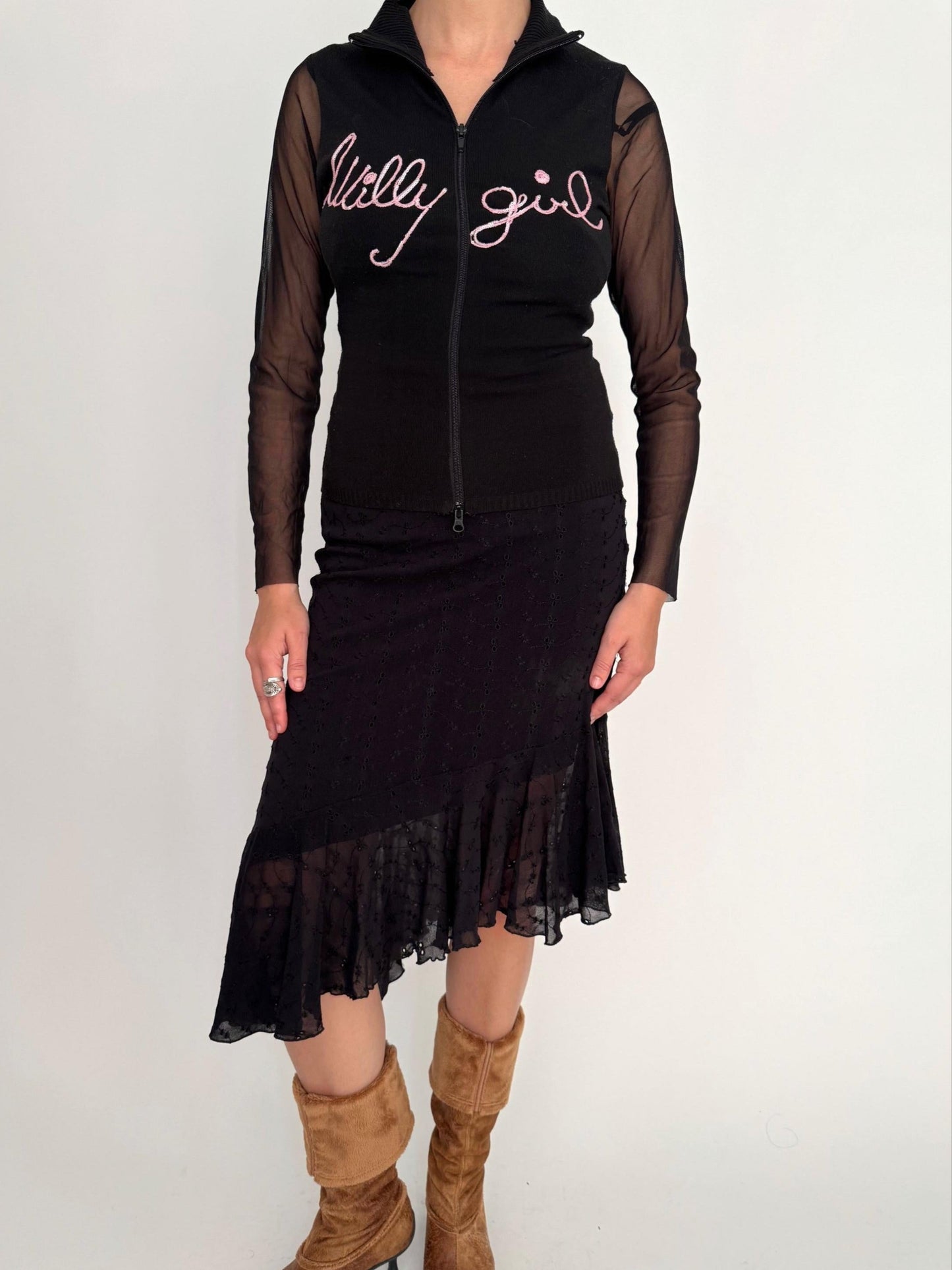 y2k vintage black sheer mesh sleeves zip up sweater