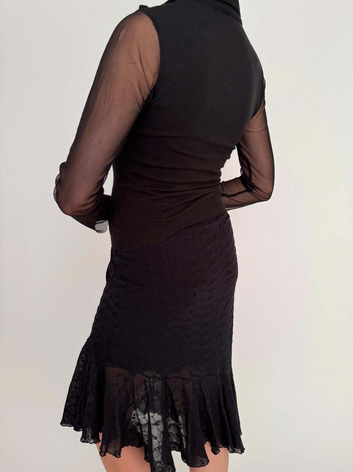 y2k vintage black sheer mesh sleeves zip up sweater