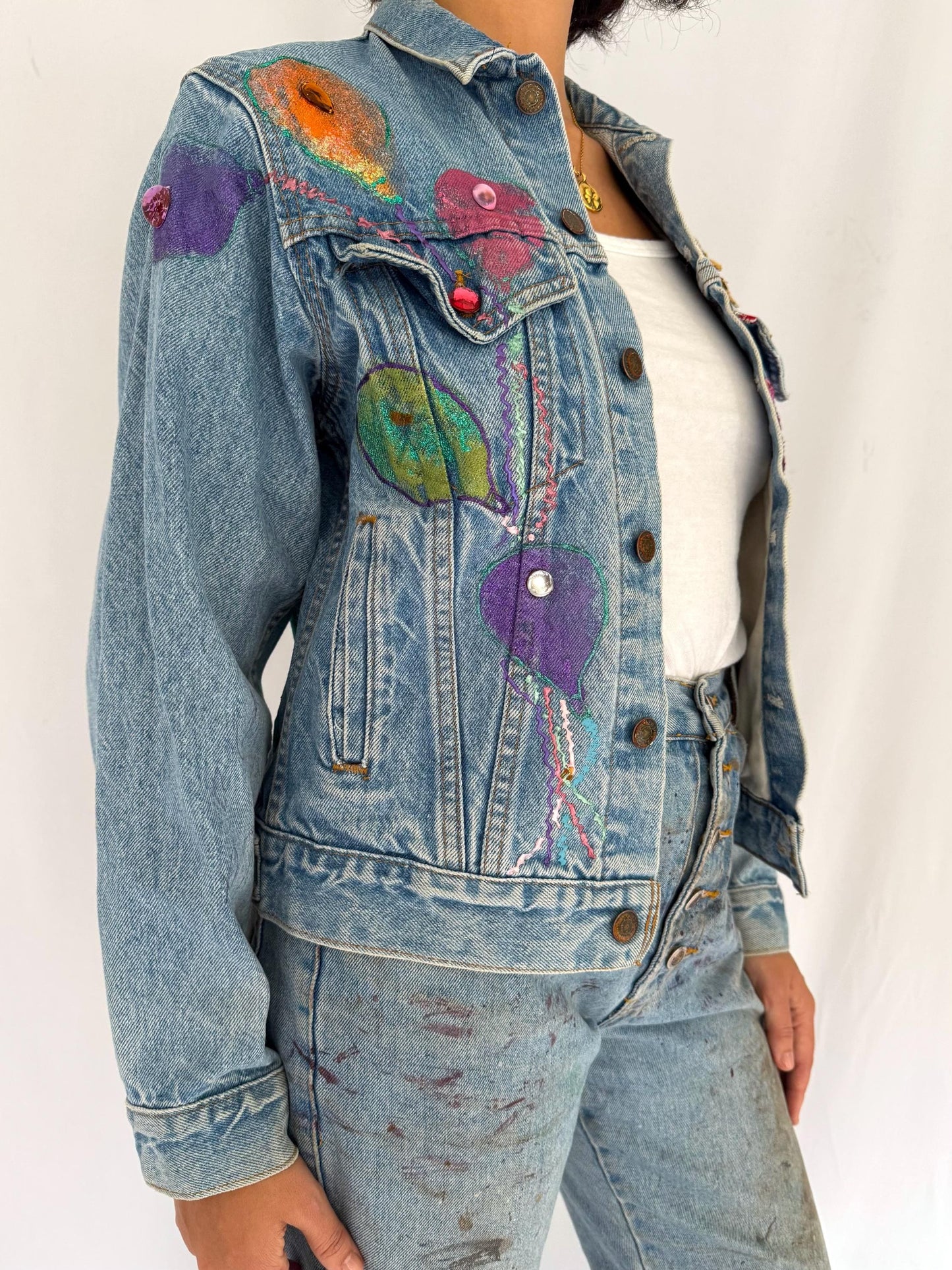 80s vintage blue denim Levis hand painted clown trucker jacket | custom reworked embellished clowncore carnival jean coat
