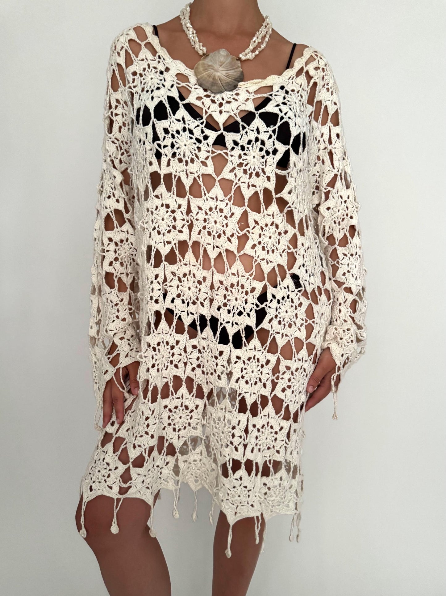 90s vintage cream crochet floral open knit midi dress – large | boho hippy fringed vacation cover up